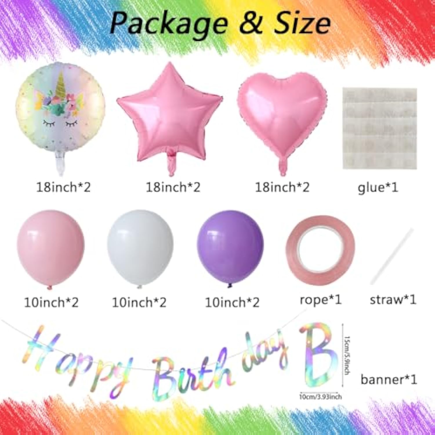 18pcs Unicorn 6th Birthday Decorations with Rainbow Balloons, Stars & Hearts for Girls