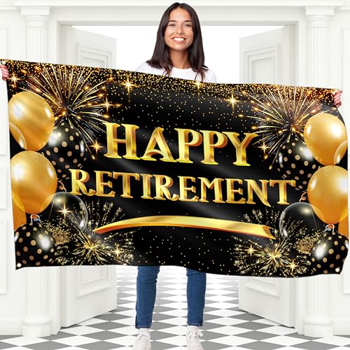 Happy Retirement Banner - Happy Retirement Decorations - Going Away Decorations - 5ft x 3ft (Black & Gold)