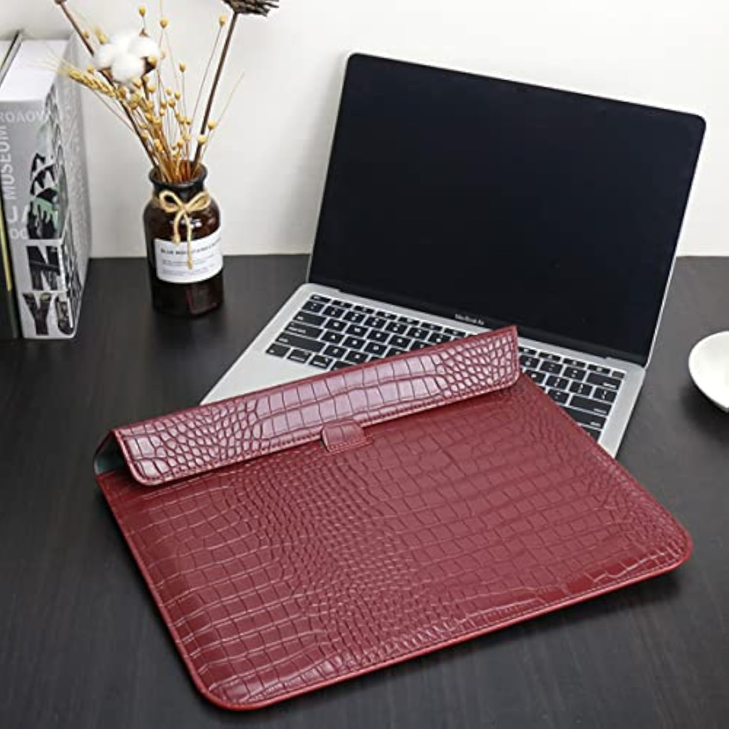 Laptop Sleeve Compatible With Macbook Air 13/13.6 Inch M4 M3 M2 M1 A3240 A3113 A2681 A2337 A2179 A1932 2025-2018 / Pro M2 M1 2022-2016, Crocodile Grain Pu Leather Flap Style Case Bag, Wine Red