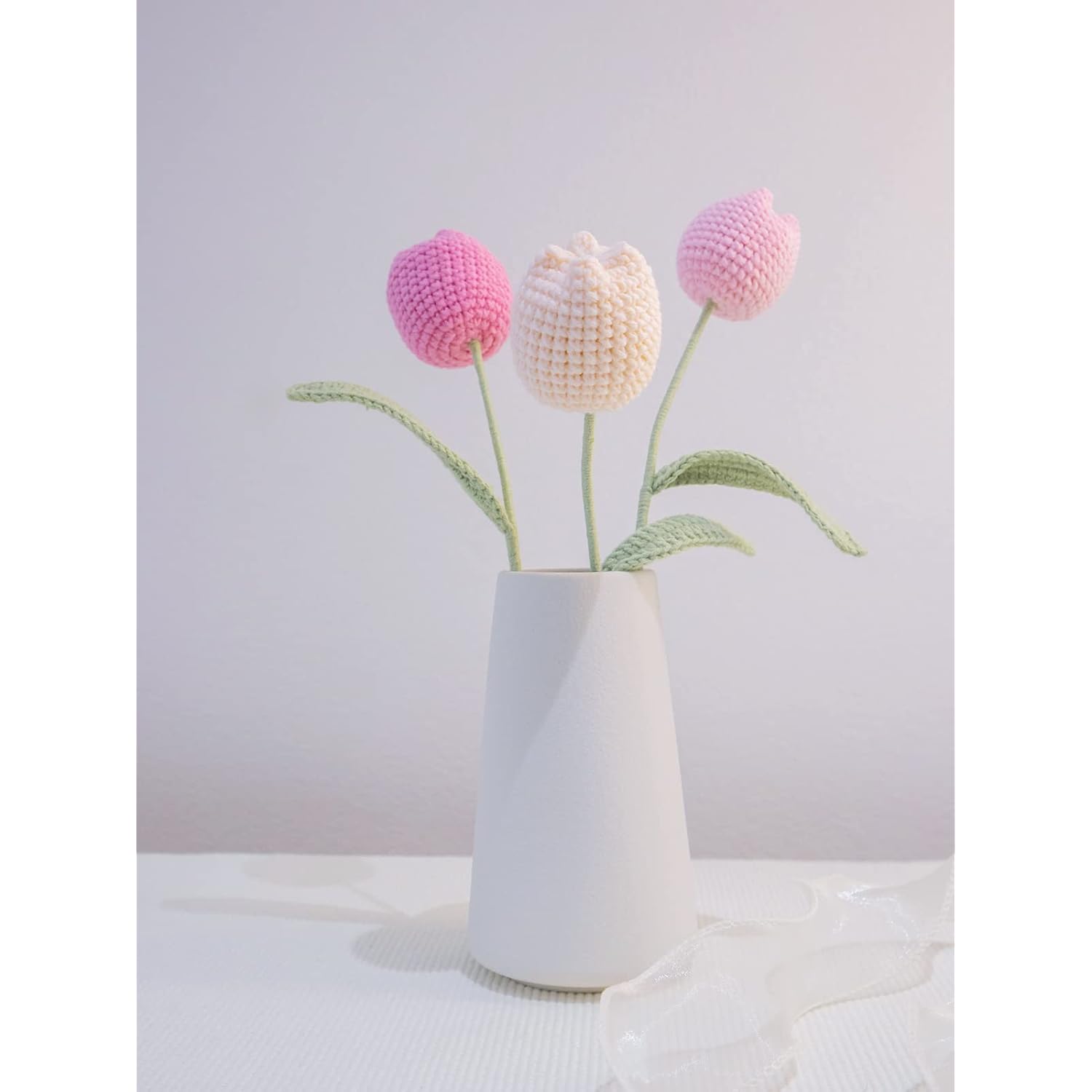 Handmade Crochet Tulip Flower Bouquet, Knitted Artificial Forever Flowers With Exquisite Wrap, Gift To Girlfriend Mother Women, Perfect For Valentines, Home Decor, Celebration-Pink