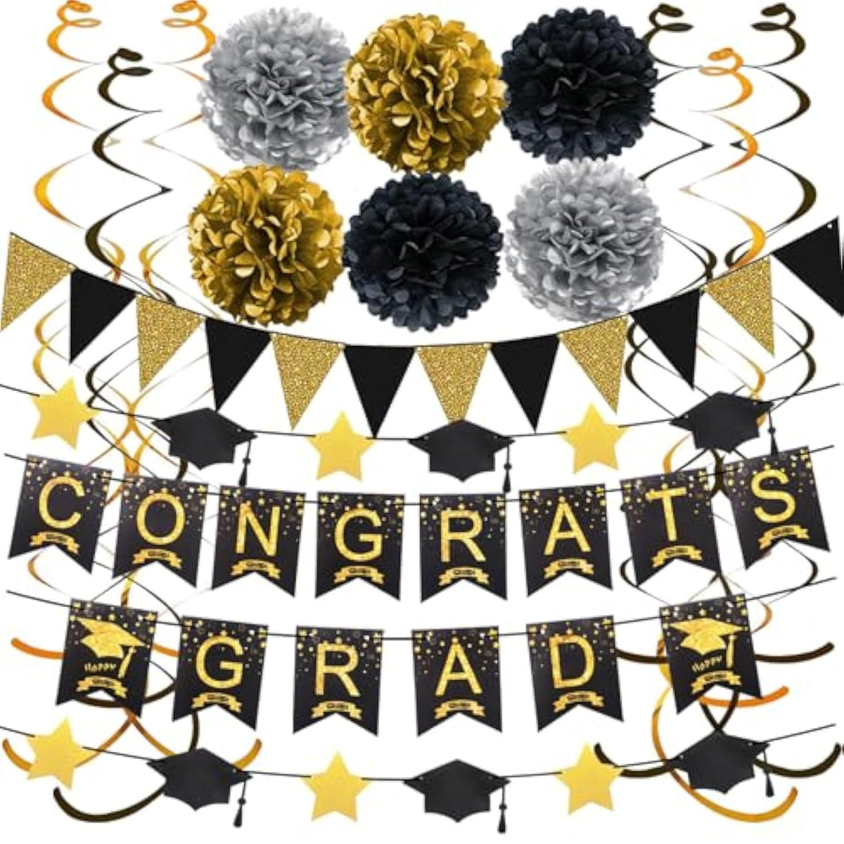 Graduation Decorations For 2025, Congrats Grad Banner And Star Cap Garland, Pennant Banner, Black And Gold Tissue Paper Pompoms, Hanging Swirls, For Graduation Party Decorations