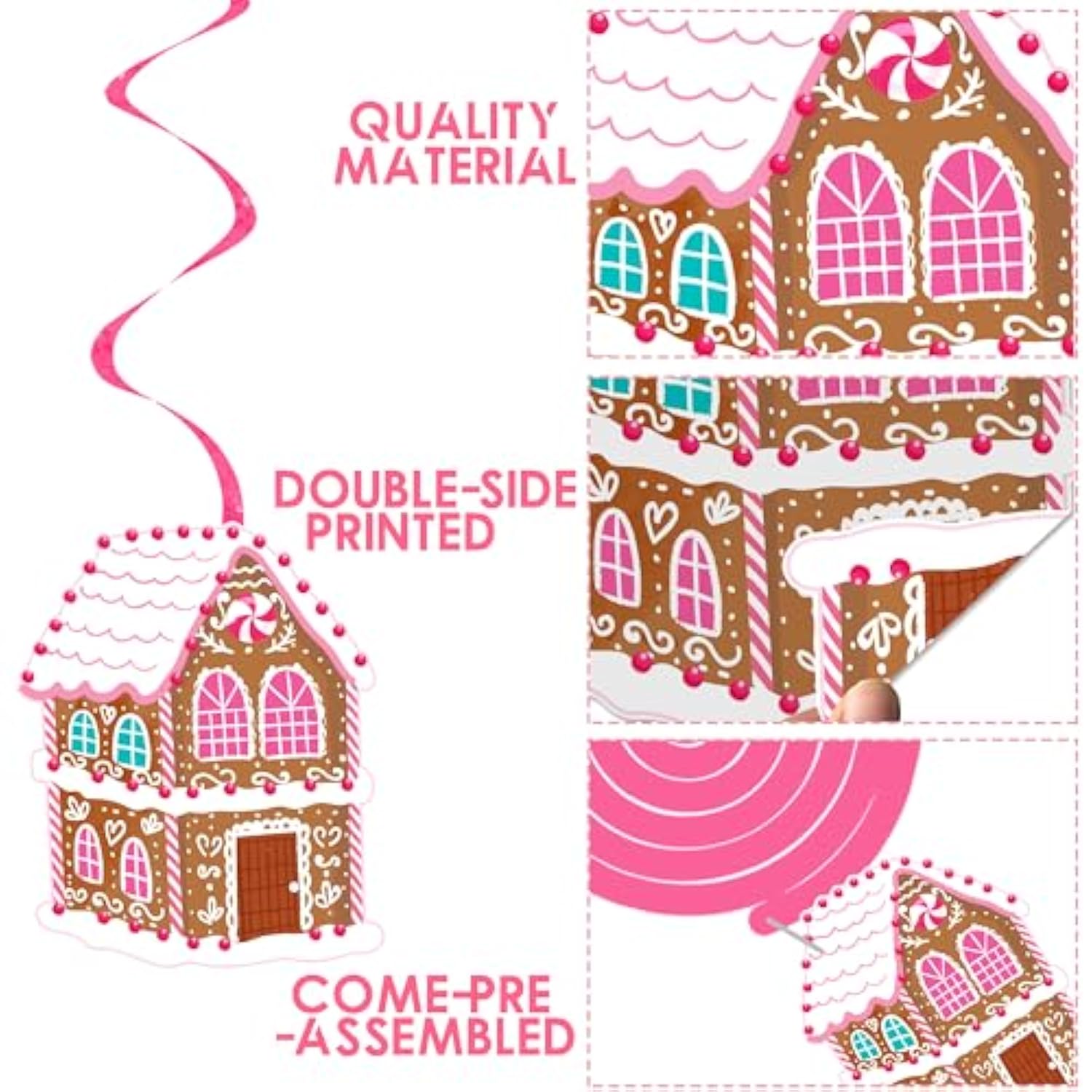 Christmas Gingerbread Man Party Hanging Swirl Decorations 20Pcs Pink Merry Gingerbread House Christmas Tree Ceiling Decor Xmas Candy Hanging Streamers For Girls Winter Holiday Party Supplies