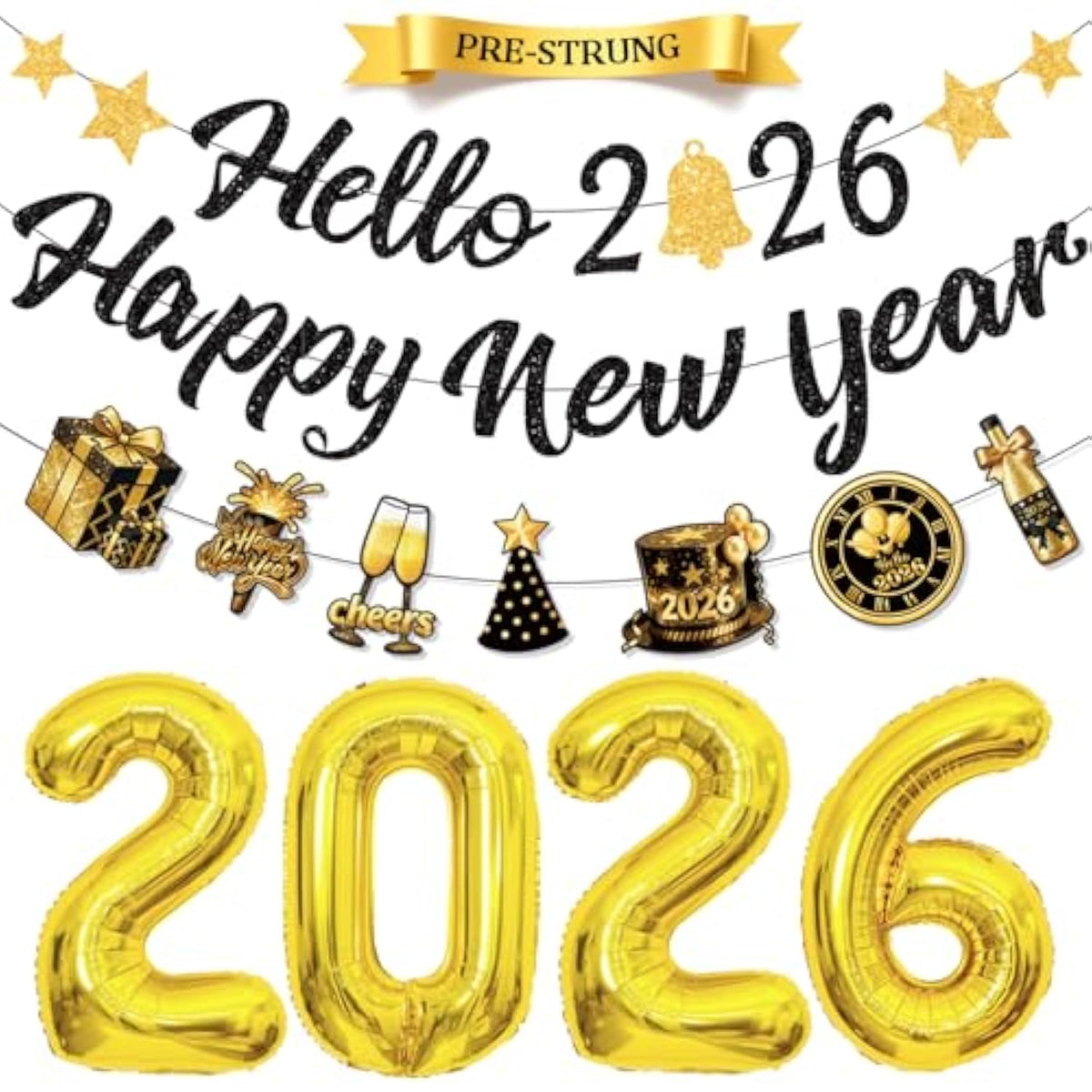 Pre-Strung Hello 2026 New Year Banner Black Glitter Party Decorations