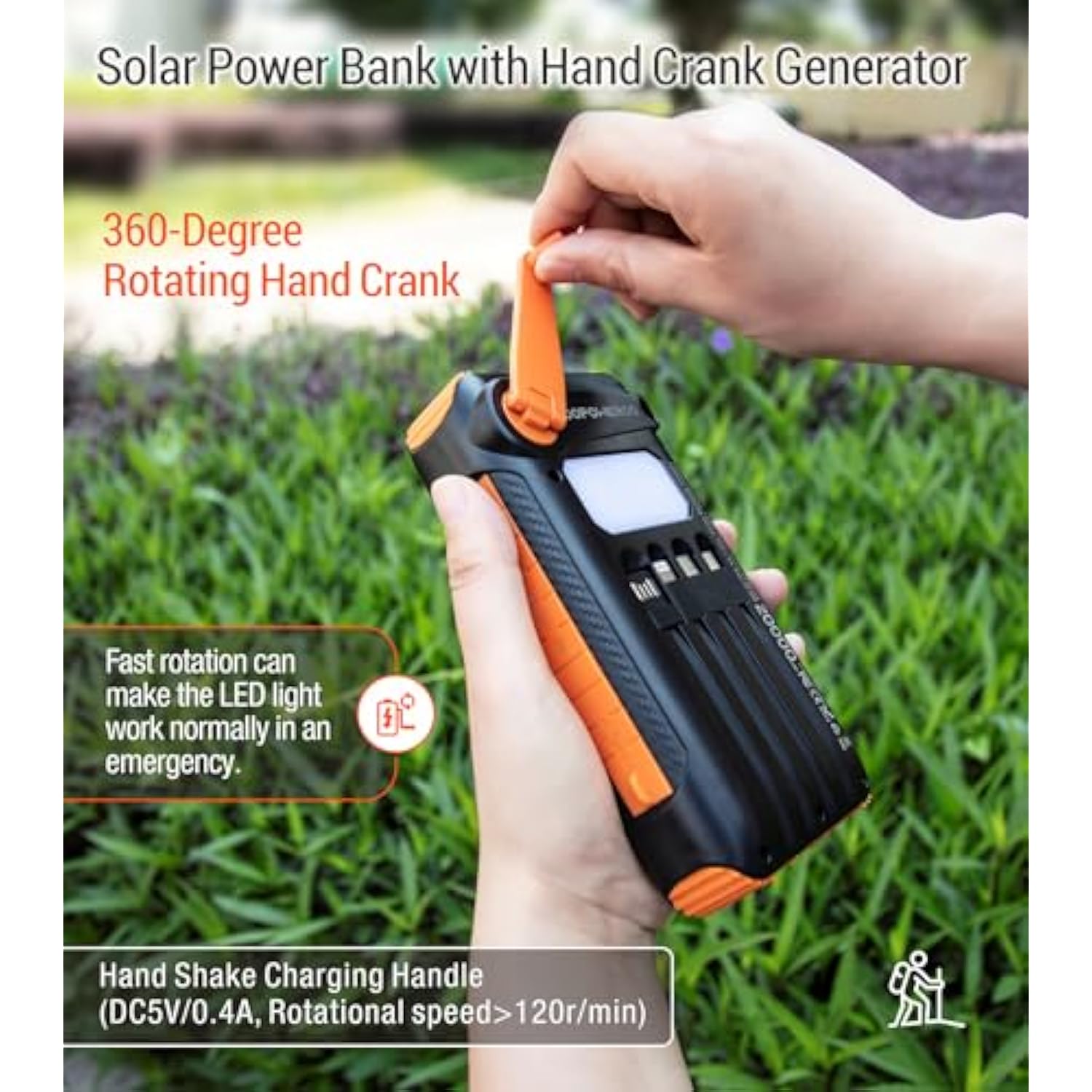 Solar Power Bank 20000Mah Built In Hand Crank And 4 Cables 22.5W Fast Charge Power Bank 5 Outputs & 5 Inputs Solar Portable Charger, Sos/Strobe/Strong Flashlights, Carabiner (Orange)