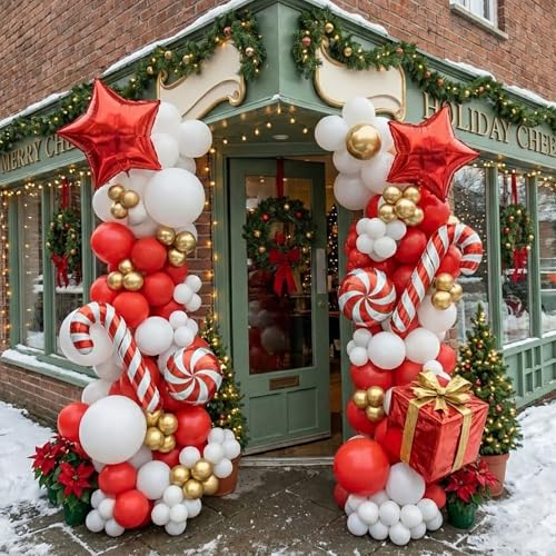139PCS Christmas Balloon Arch Kit, candy christmas Balloon Garland Includes Red White Golden Balloons Candy Cane Balloons for Birthday, Wedding, Engagements, Baby Shower, Christmas Party Decorations