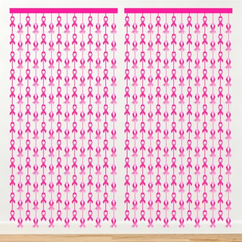 2 Pack Breast Cancer Awareness Decorations Pink Ribbon Foil Fringe Curtains