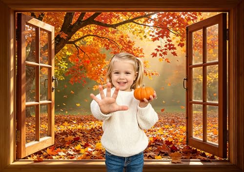 Fall Wooden Window Photo Backdrop Autumn Forest Natural Scenery 10x8FT