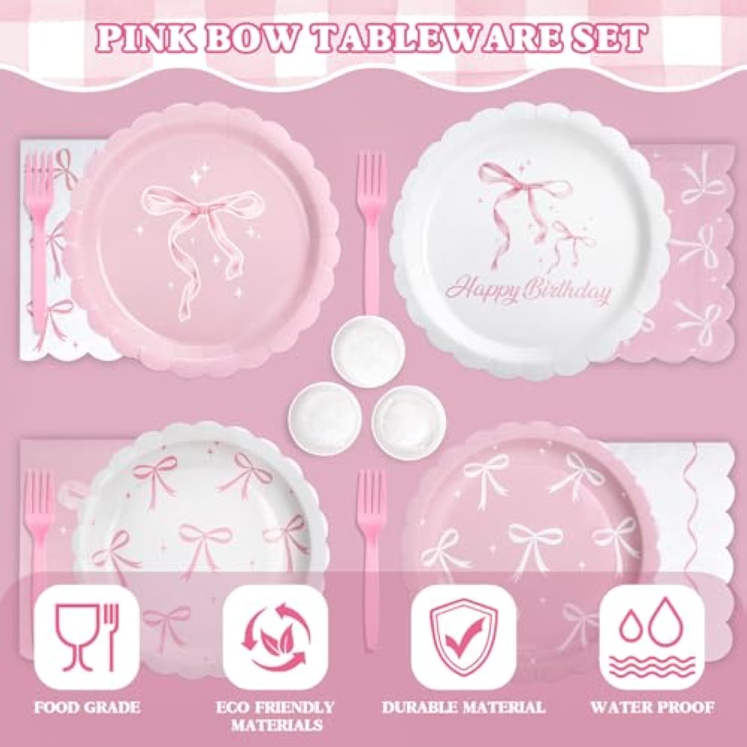 322 Pcs Pink Bow Birthday Decorations (Serves 50), Plates And Napkins Cups Knifes Forks Banner Tablecloth Balloons Bow Theme Tableware For Girls Bachelorette Party Decor