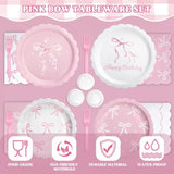 322 Pcs Pink Bow Birthday Decorations (Serves 50), Plates And Napkins Cups Knifes Forks Banner Tablecloth Balloons Bow Theme Tableware For Girls Bachelorette Party Decor