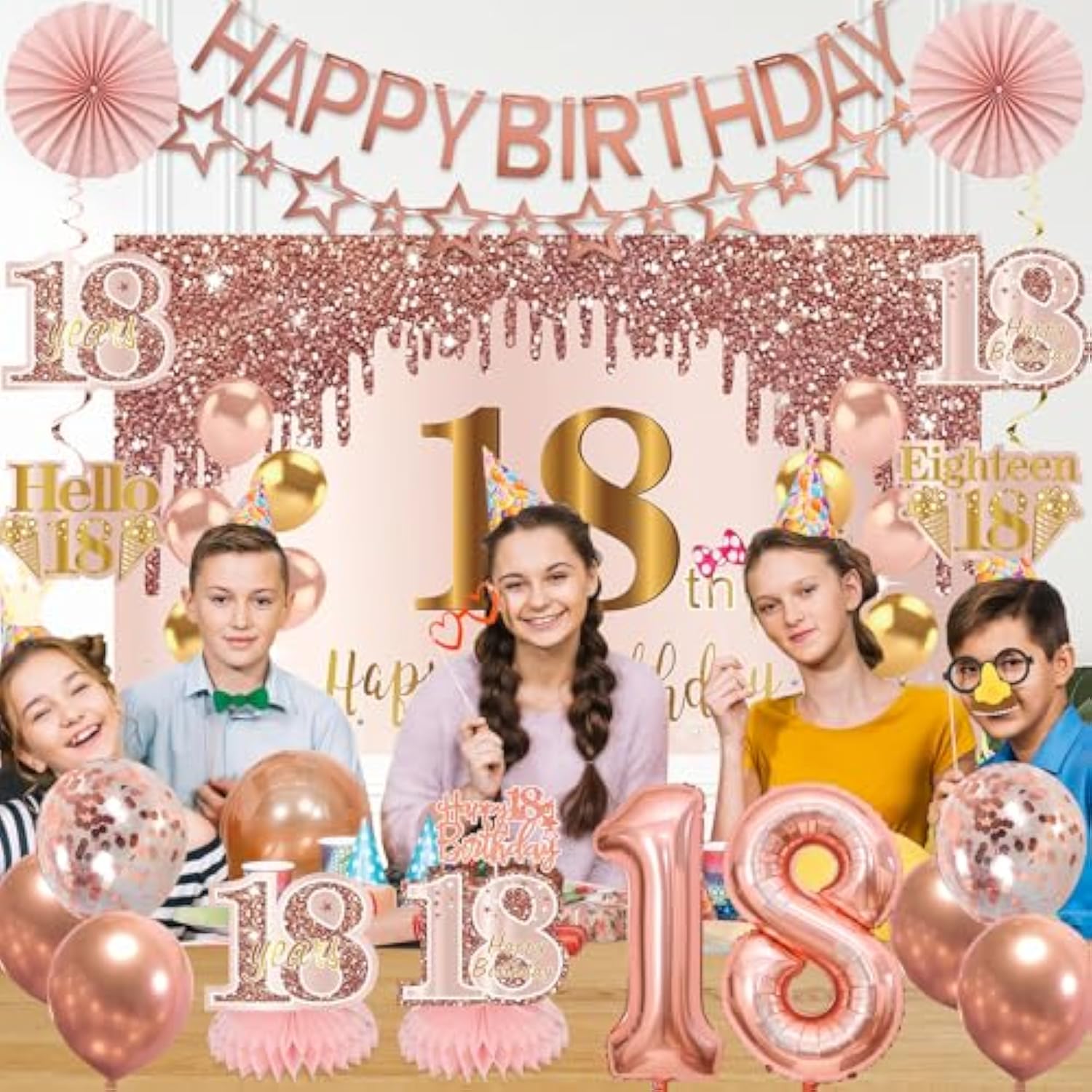 18Th Birthday Decorations For Girls, Pink Rose Gold Happy 18 Years Old Birthday Banner Backdrop Balloons Sash Table Cake Topper Honeycomb Centerpieces Hanging Swirls Paper Fans Party Supplies