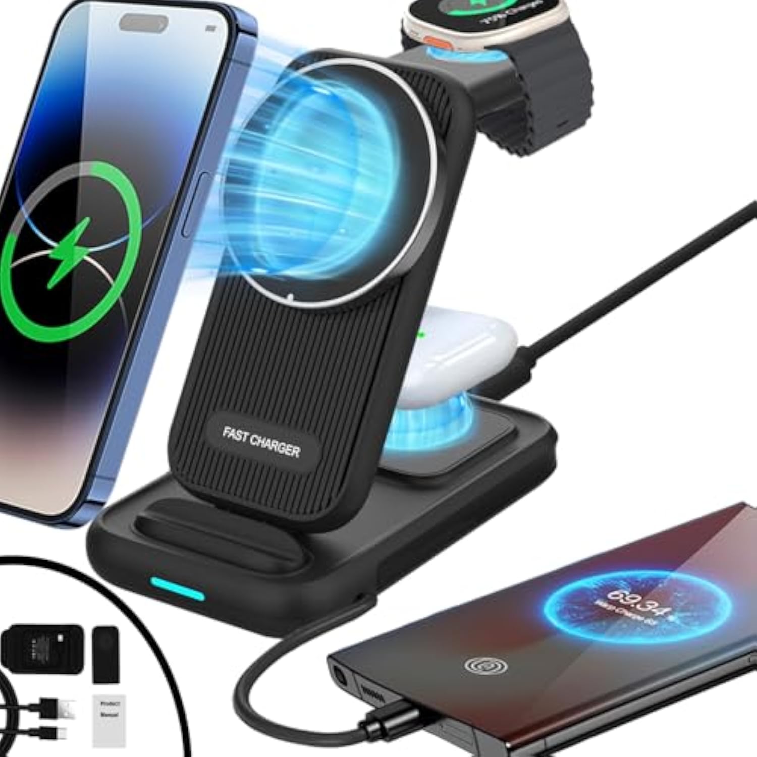 Magnetic Charger 4 In 1 Magsafe Charging Station Wireless Mag Safe Phone And Watch Charger Stand Compatible With Apple Iphone 16 15 Pro Max 14 13 12 Airpods Iwatch And Type C Products