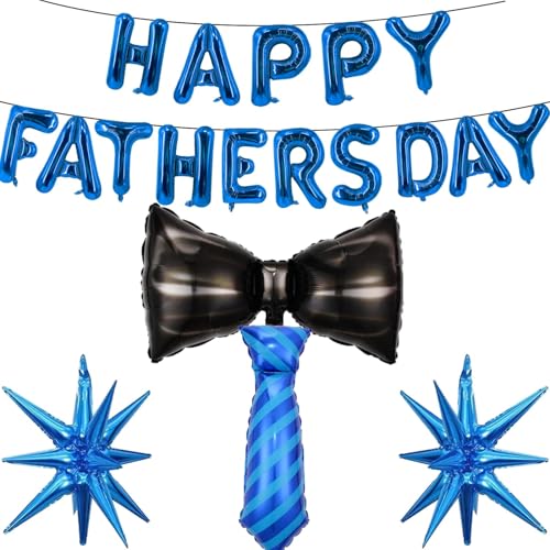 Fathers Day Balloons Blue Happy Fathers Day Balloon Banner Black Bow Tie Blue Star Necktie Balloons for Happy Father's Day Themed Party Supplies Decorations Balloon Set-19 Pcs