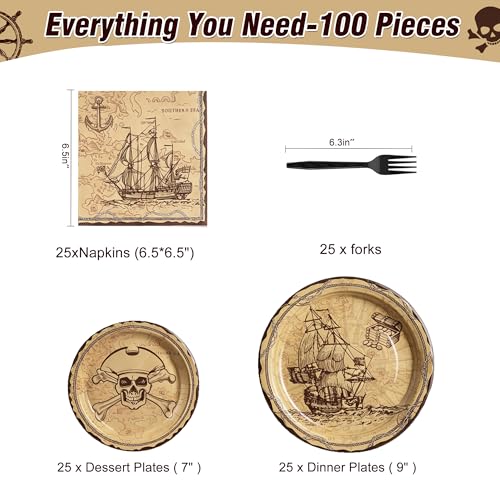 100 Pcs Disposable Pirate Tableware Set for 25 Guests