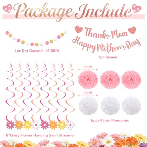 Daisy Happy Mother's Day Decorations, Thanks Mom Happy Mothers Day Banner with Hanging Swirls, Honeycomb Balls Pink White Yellow Mothers Day Decorations for Party Supplies Home Office Photo Props