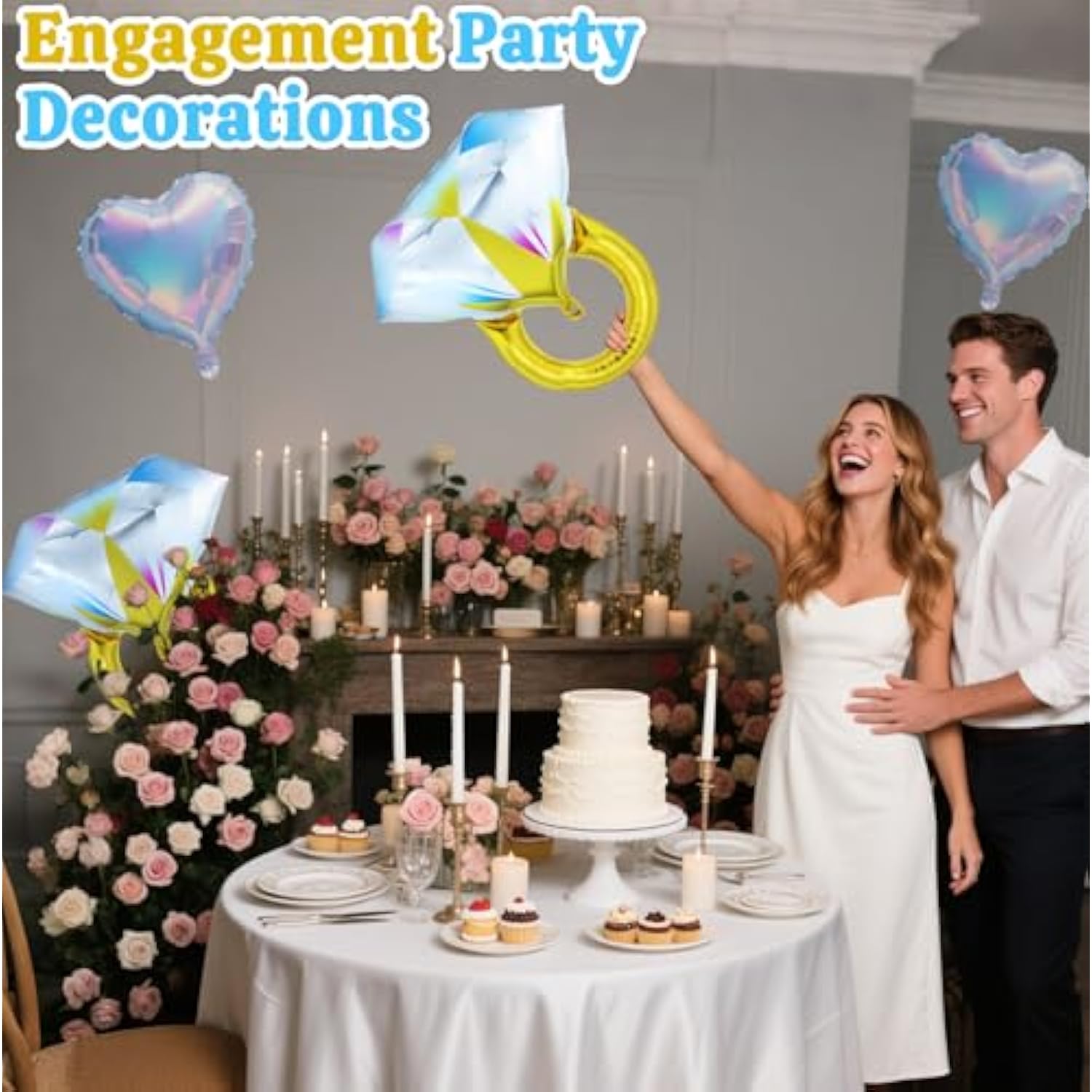 4Pcs Diamond Ring & Heart Balloons Set - Bachelorette Party Decorations, Engagement Decor, Wedding Proposal Balloons, Bridal Shower, Just Married, Bride Anniversary Valentine'S Day Party Favors