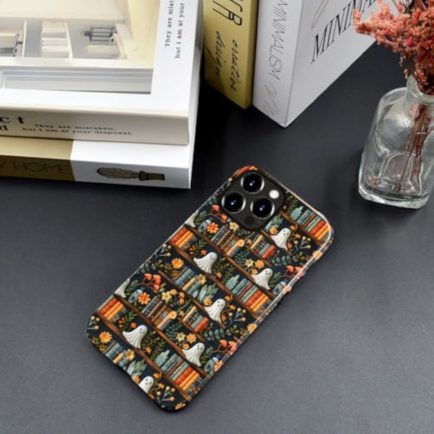 Case Compatible With Iphone 16 Pro Max,Scratch Resistant Hybrid 2-Layer Hard Shell Bright Phone Case,Spooky Ghosts On Bookshelf Halloween