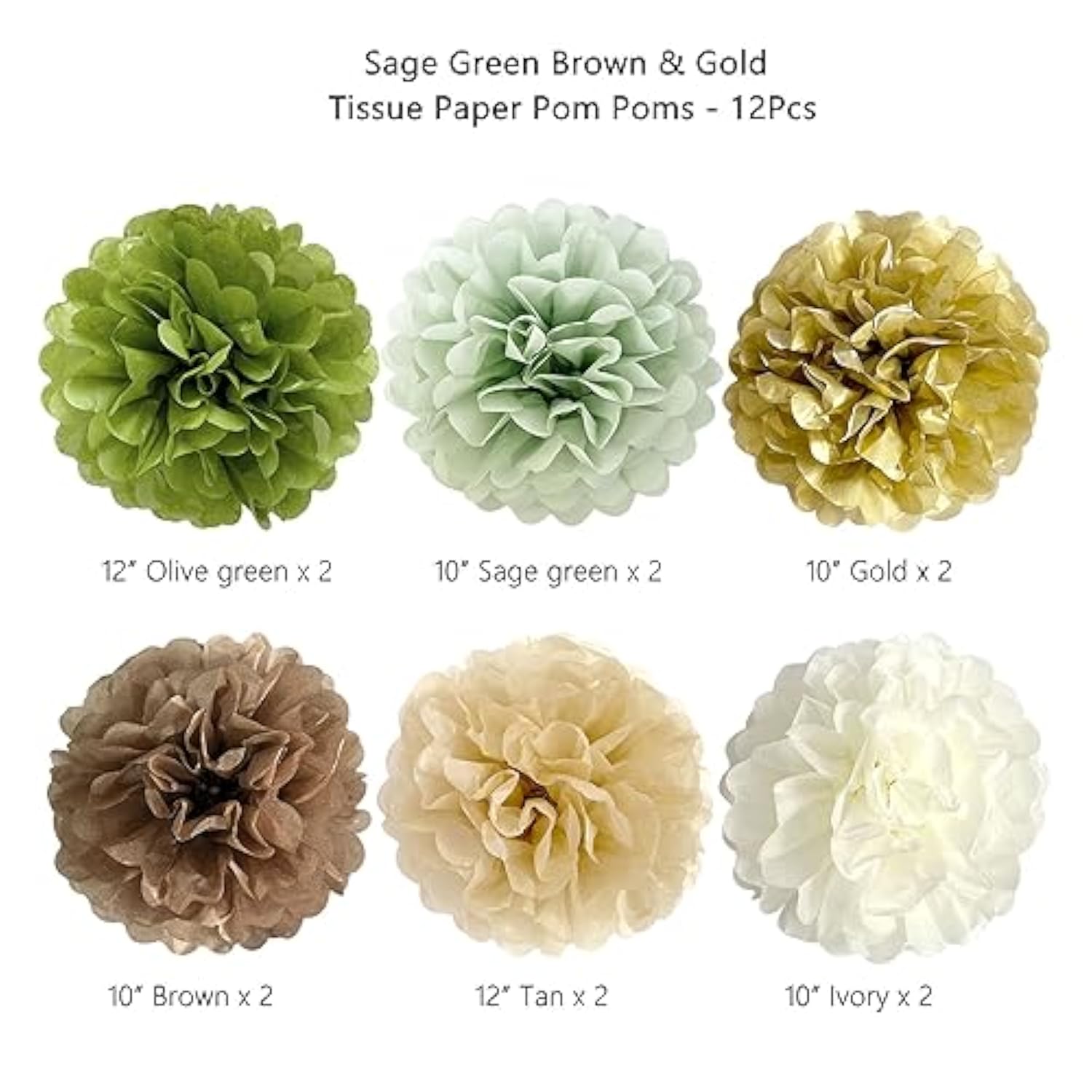 Sage Green Brown Gold Tissue Paper Pom Poms Party Decorations Olive Tan Ivory Flowers Wall Hanging Décor Jungle Safari Woodland Wild Table Centerpieces Supplies Birthday Bridal Baby Shower