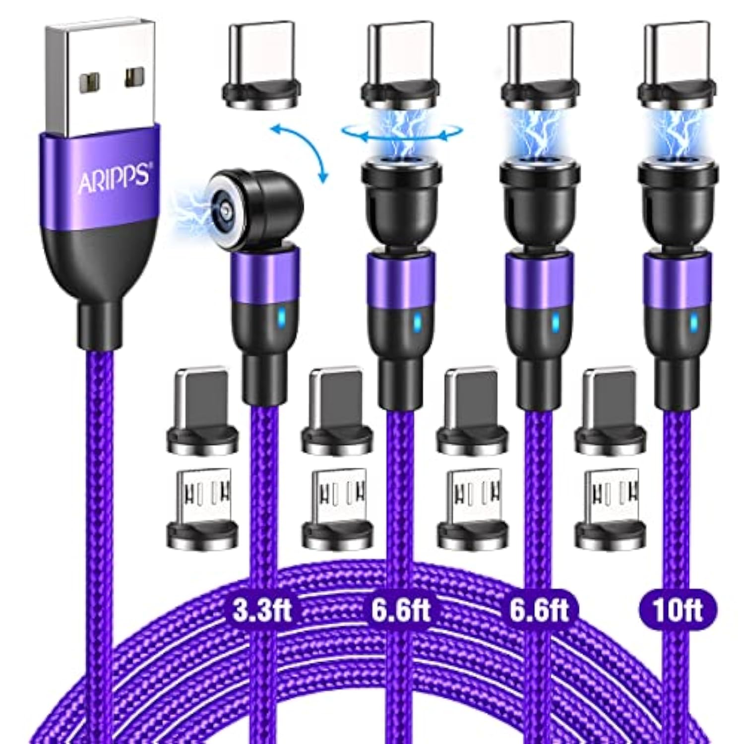 Magnetic Charging Cable 4 Pack (3.3Ft/6.6Ft/6.6Ft/10Ft), 540 Degree Rotating M