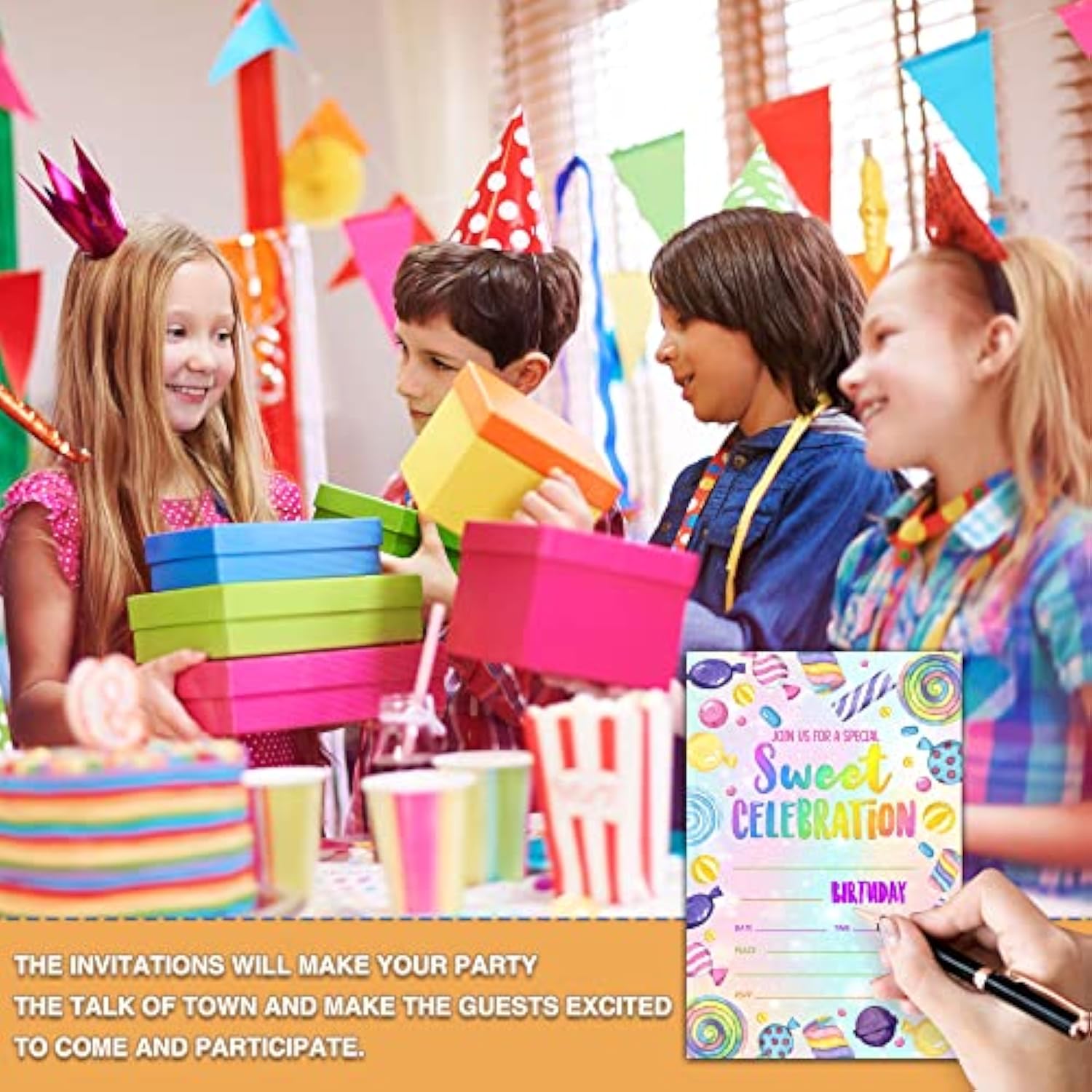 Sweet Celebration Birthday Party Invitations, Sweet Candy Birthday Invitation, Double-Sided Rainbow Tie Dye Fill In Invites, Kids Birthday Party Decorations, 20 Cards With 20 Envelopes(C11)