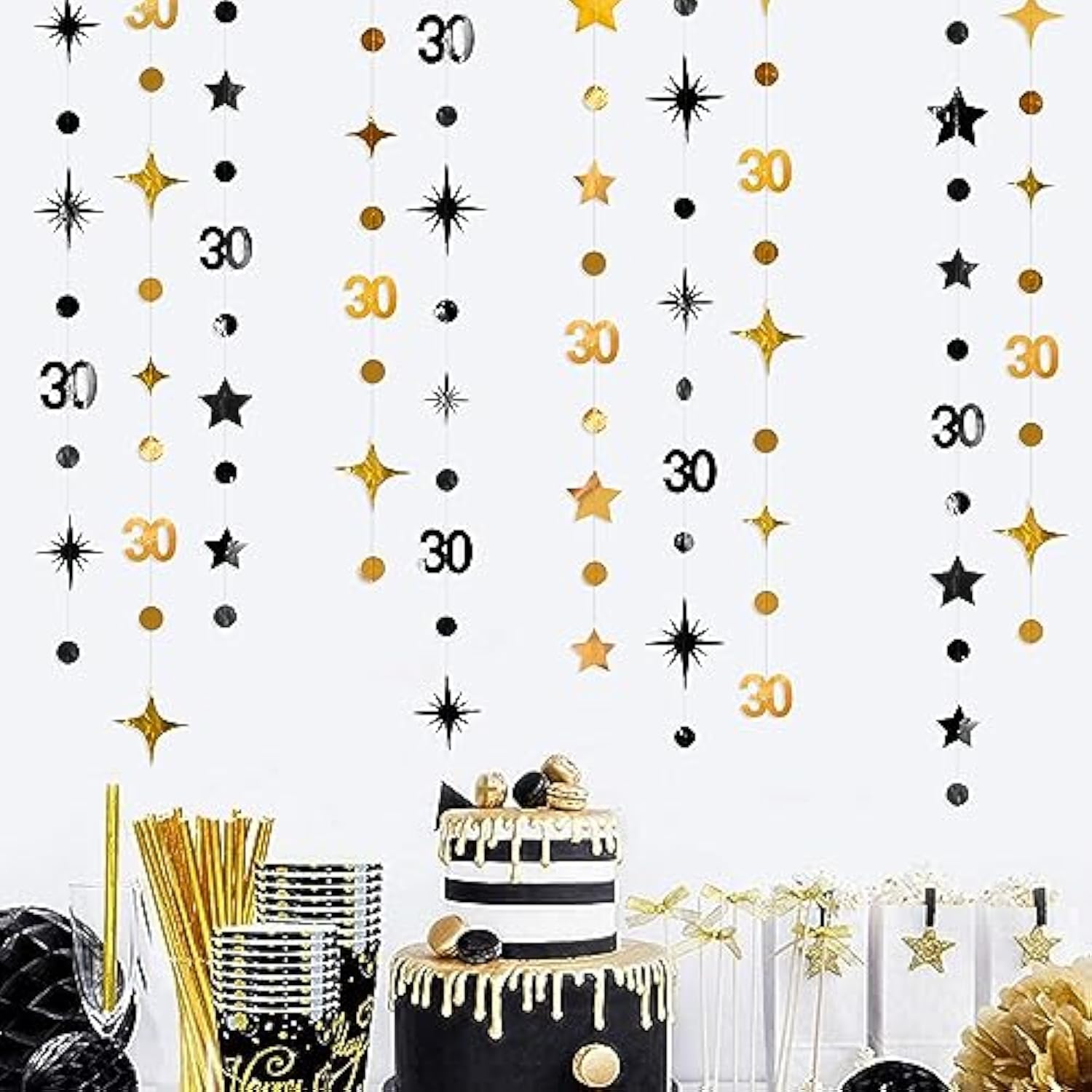 Black & Gold 30th Birthday Decorations – Star Garland, Streamers and Banner for Dirty 30 Party