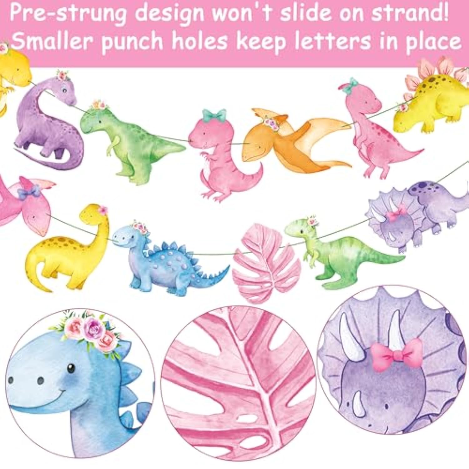 3 Pcs Pink Dinosaur Party Banners Girls Birthday & Baby Shower Decor
