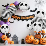 12 Pcs Halloween Skull Foil Black And White Striped Balloons(18 Inch) Nightmare Honor Theme Birthday Party Decorations Spooky Ghost Skeleton Cat Baby Shower Day Of The Dead Indoor Outdoor Decor