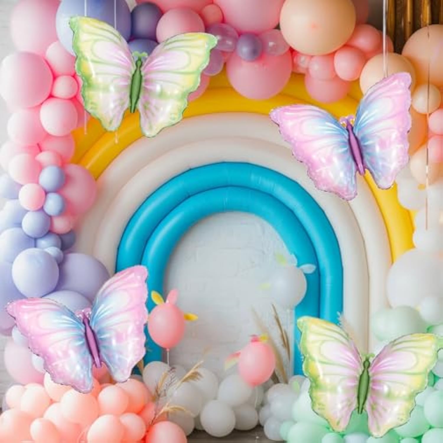 6 Pieces 32 Inches Pastel Butterfly Balloons – Mixed Set Of Iridescent Gradient Foil Mylar Balloons In Blue Green And Pink Purple For Birthday, Baby Shower, Garden Party, Spring Decorations