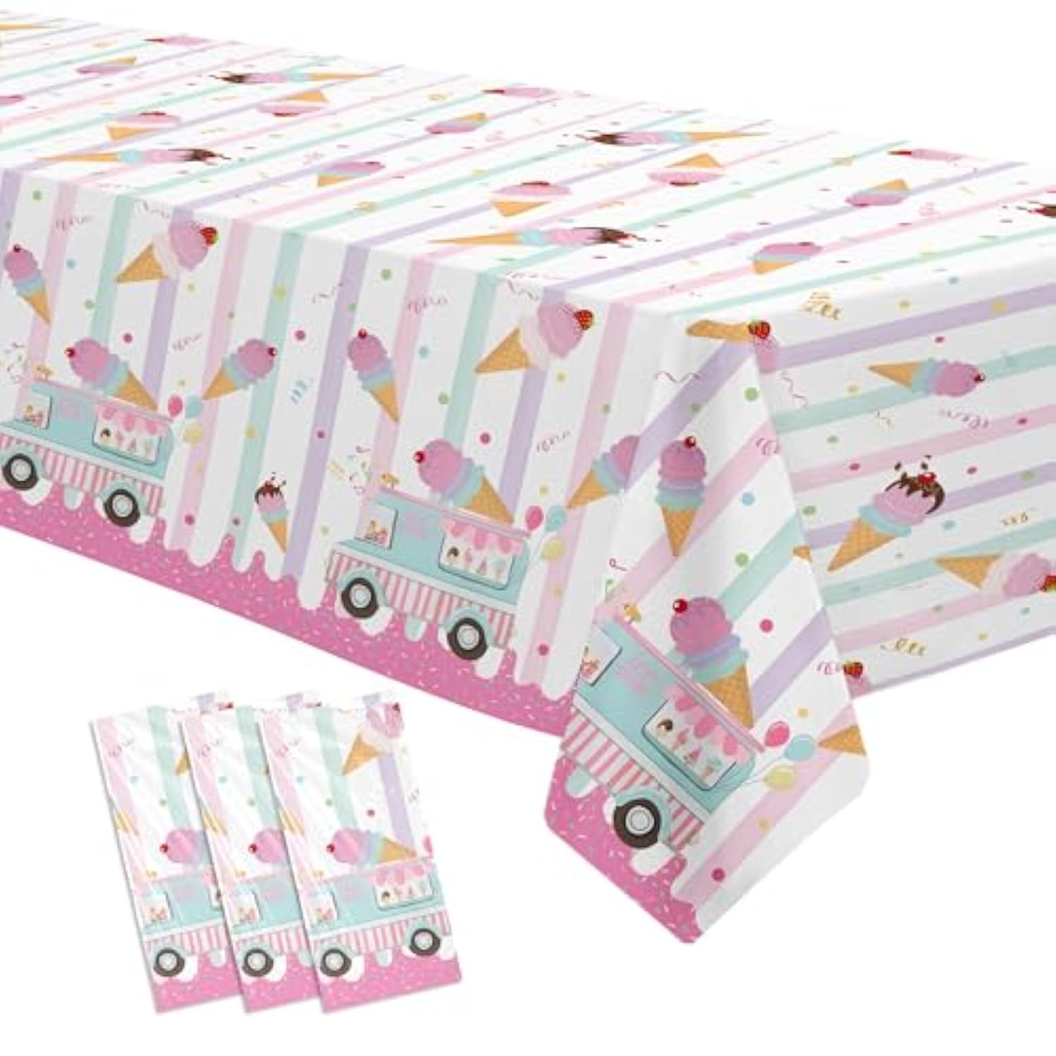 Ice Cream Party Tablecloth Decorations For Birthday Baby Shower, 3 Pack Disposable Here'S The Scoop Theme Sweet Ice Cream Truck Shop Birthday Party Supplies Table Cover, 54In X 108In