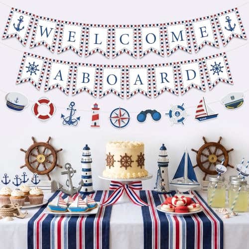 Nautical Party Decorations White Welcome Aboard Banner Ship Anchor Wheel Hanging Banner for Boys Men Sailor Baby Shower Nautical Ocean Beach Cruise Birthday Adventure Party Supplies
