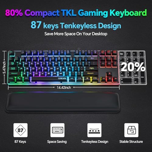 87 Keys Tkl Wired Gaming Keyboard With Wrist Rest, Detachable Usb-C Cable, Rgb Backlight, Full Metal Panel Keyboard Compatible With Pc Laptop Mac Xbox Ps4 Ps5 (Black)