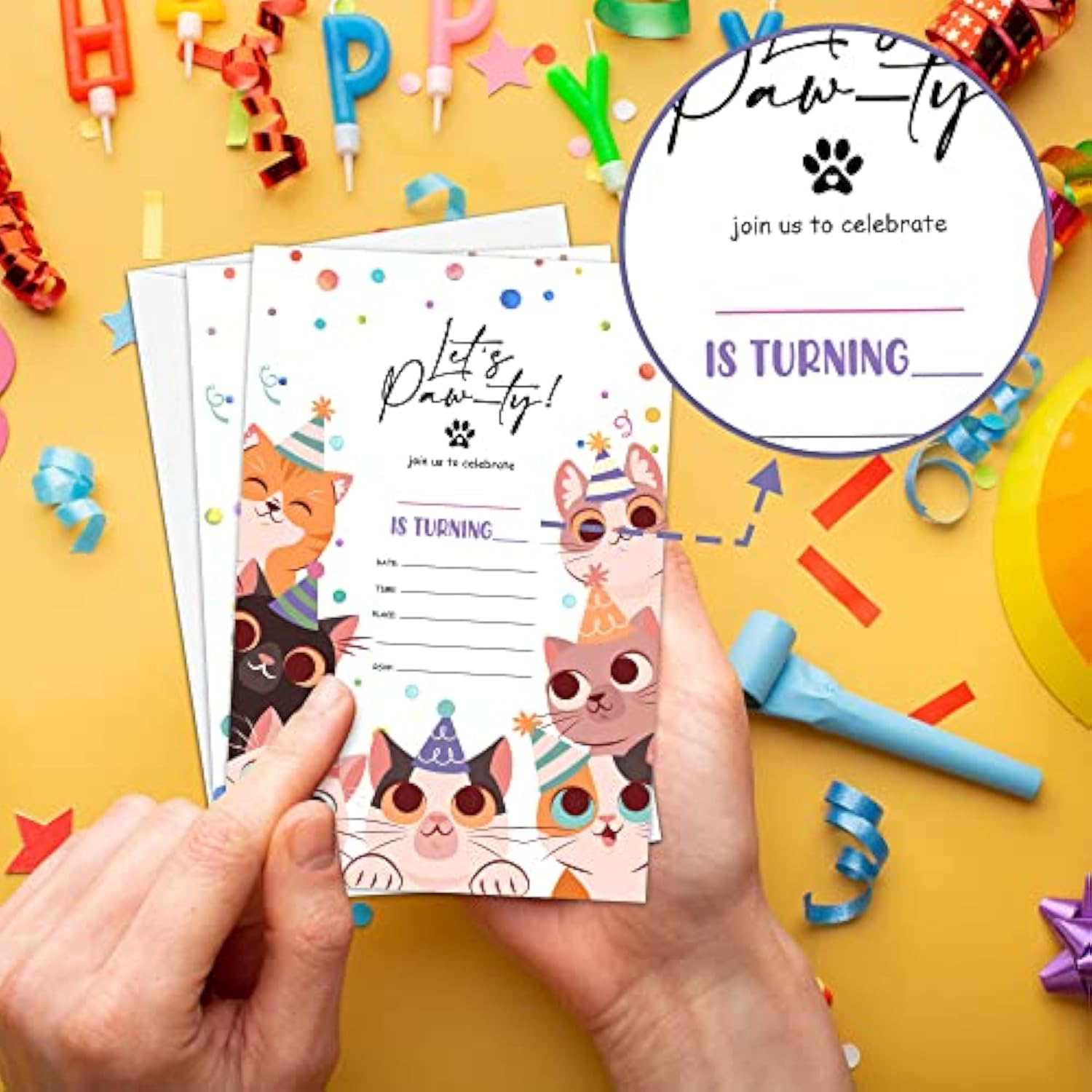 Cute Kitten Birthday Party Invitation, Let'S Paw-Ty Kitty Cats Fill-In Invites For Adults Women & Men, 20 Invitations With Envelopes(4" X 6")?Party Favors Decorations And Supplies-01