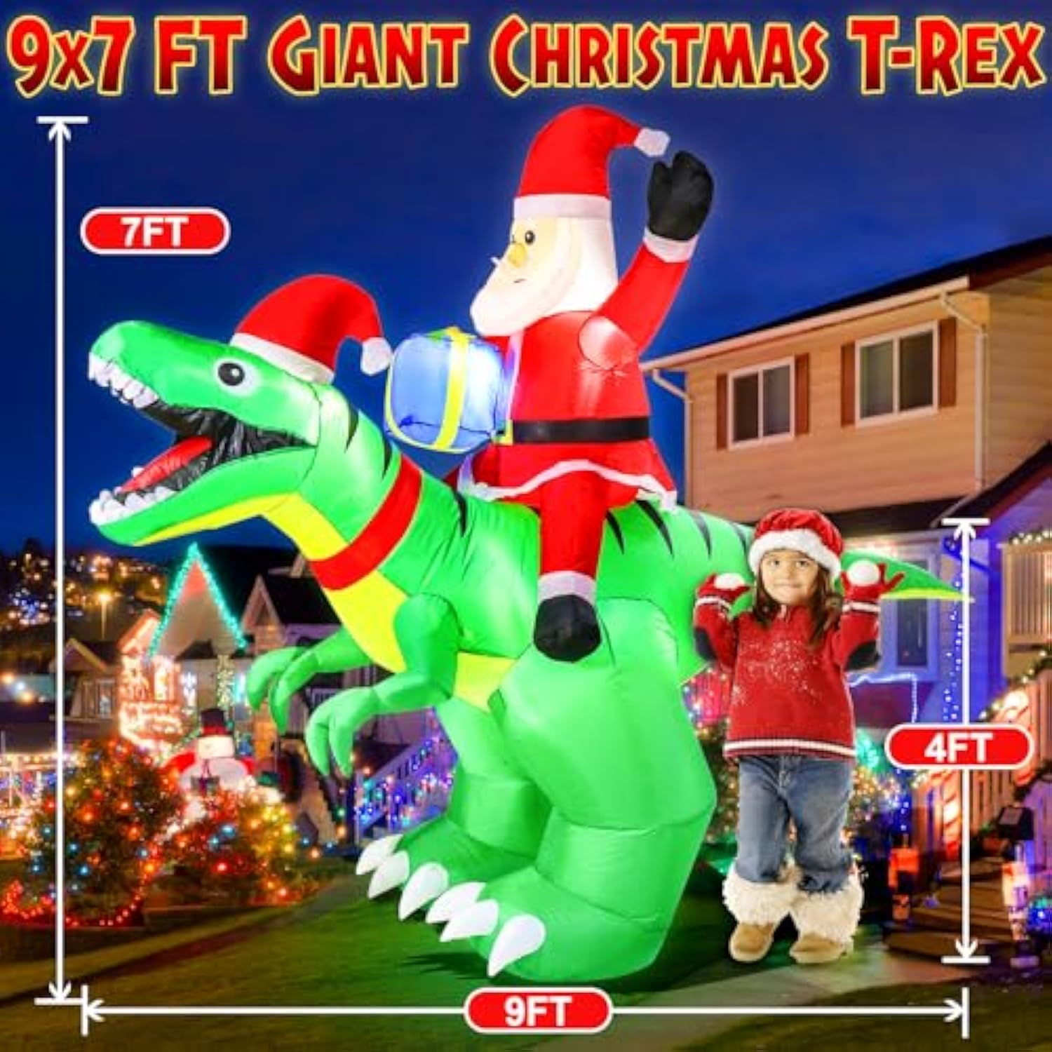 9X7Ft Christmas Inflatables Santa Ride On Dinosaur With Led Outdoor Christmas Dinosaur Inflatable Blow Up Yard Decoratio
