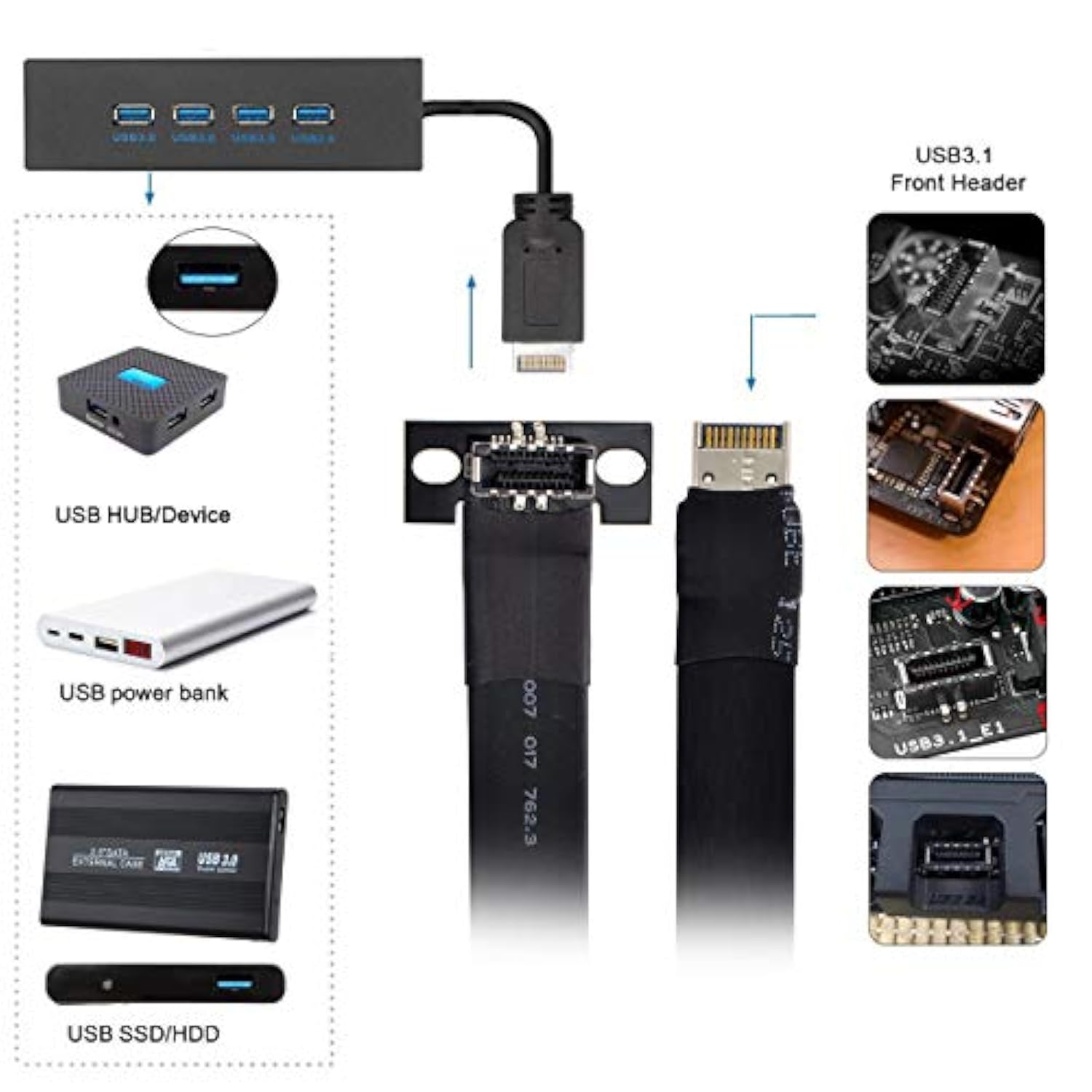 Cablecc USB 3.1 Front Panel IDC Header Male to Female Type-E M-F Motherboard Extension Data Cable 50cm