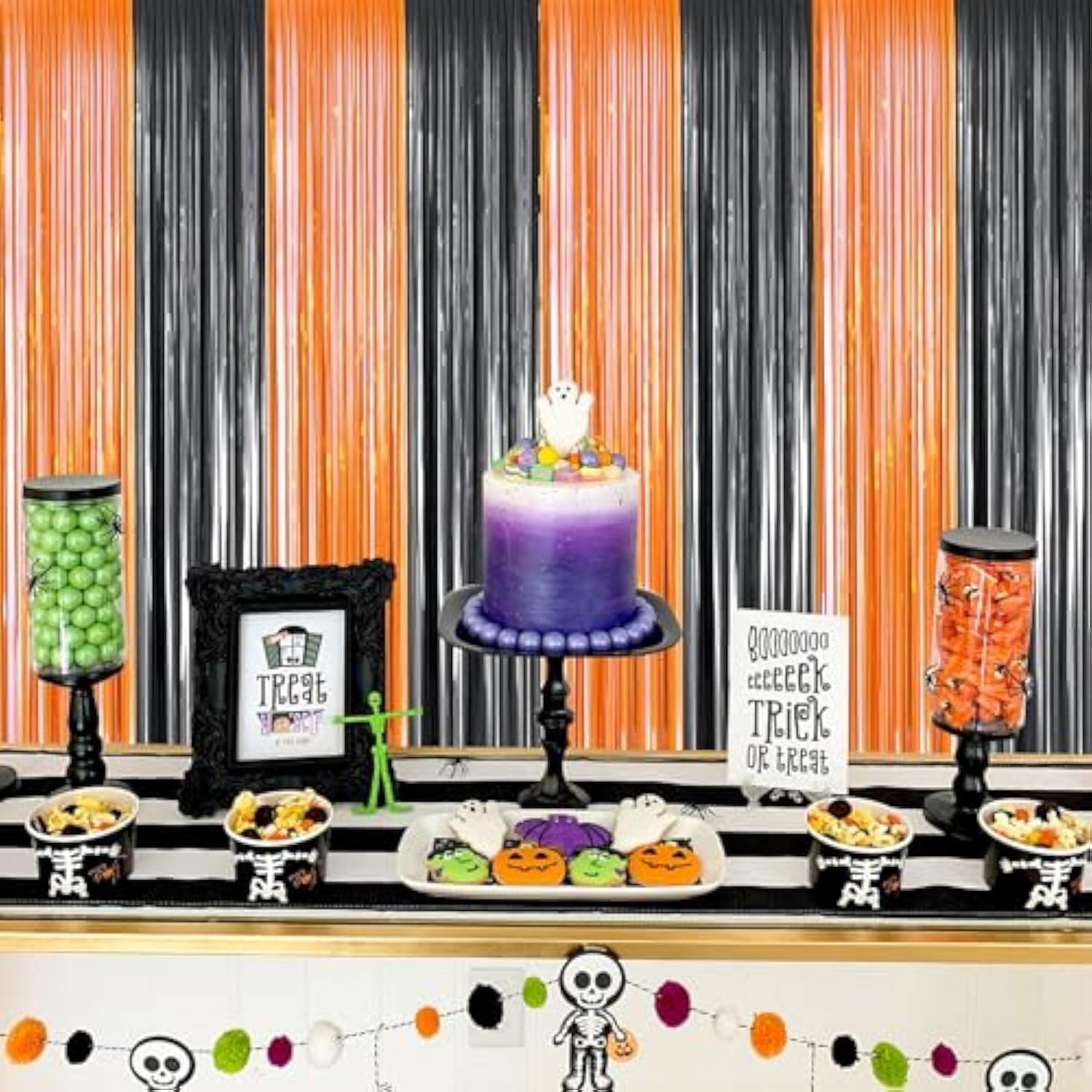 2pcs Orange Black Foil Fringe Curtains 3x8ft Backdrop for Halloween Party Decor