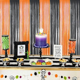 2pcs Orange Black Foil Fringe Curtains 3x8ft Backdrop for Halloween Party Decor