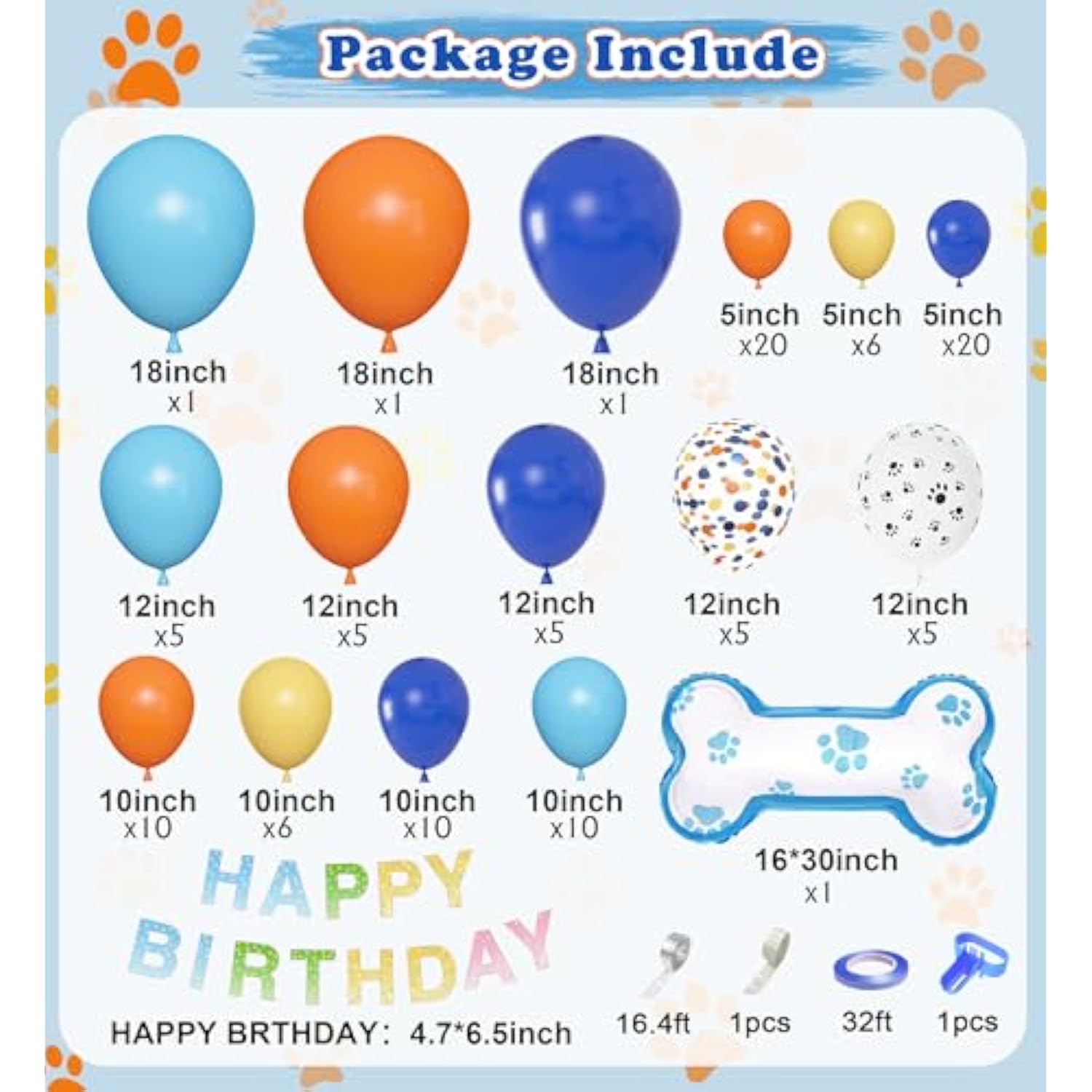 128Pcs Blue Balloon Garland Kit with Dog Paw Banner for Birthday or Baby Shower