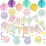 Birthday Decorations, No Diy, Pre-Strung Happy Birthday Banner With Honeycomb Balls, Hanging Swirls, Circle Dots Garland, Happy Birthday Party Decorations For Women Men Boys Girls (Pastel)