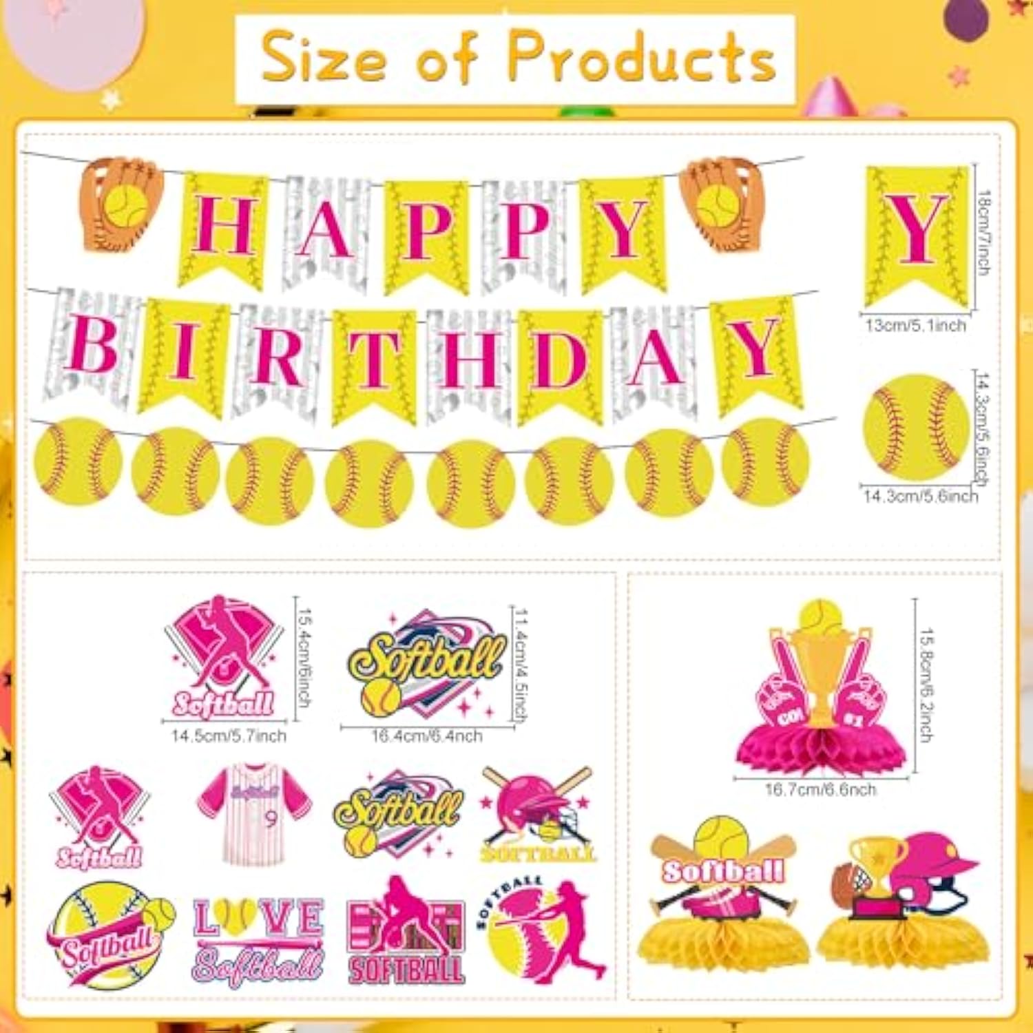 Softball Birthday Party Decorations - Themed Happy Banner, Hanging Swirls, Honeycomb Centerpieces, Table Decor, Sports Party Supplies