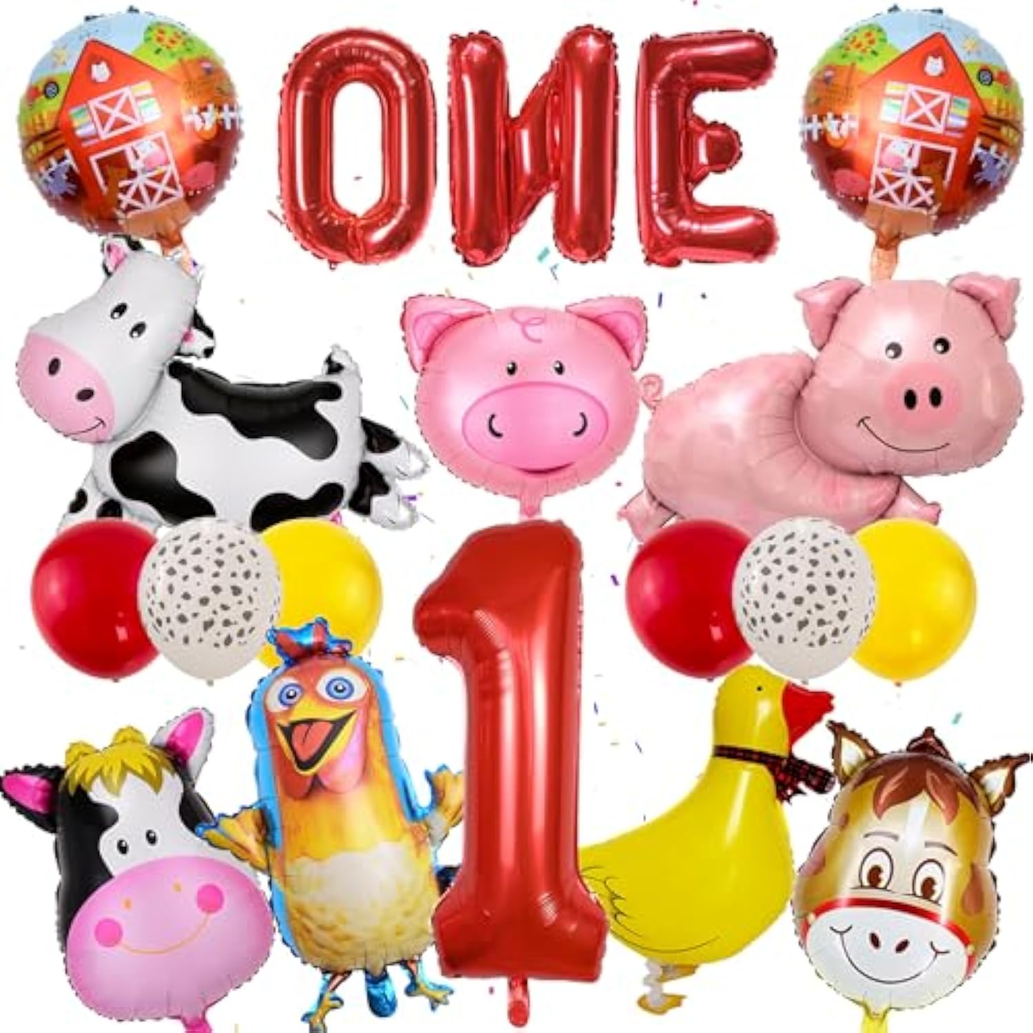 Farm Birthday Party Supplies 1 Year Old Farm Balloons Set Includes Round Farm Animal Letter Number 1 Foil Latex Balloons, Suitable For Farm Birthday Party