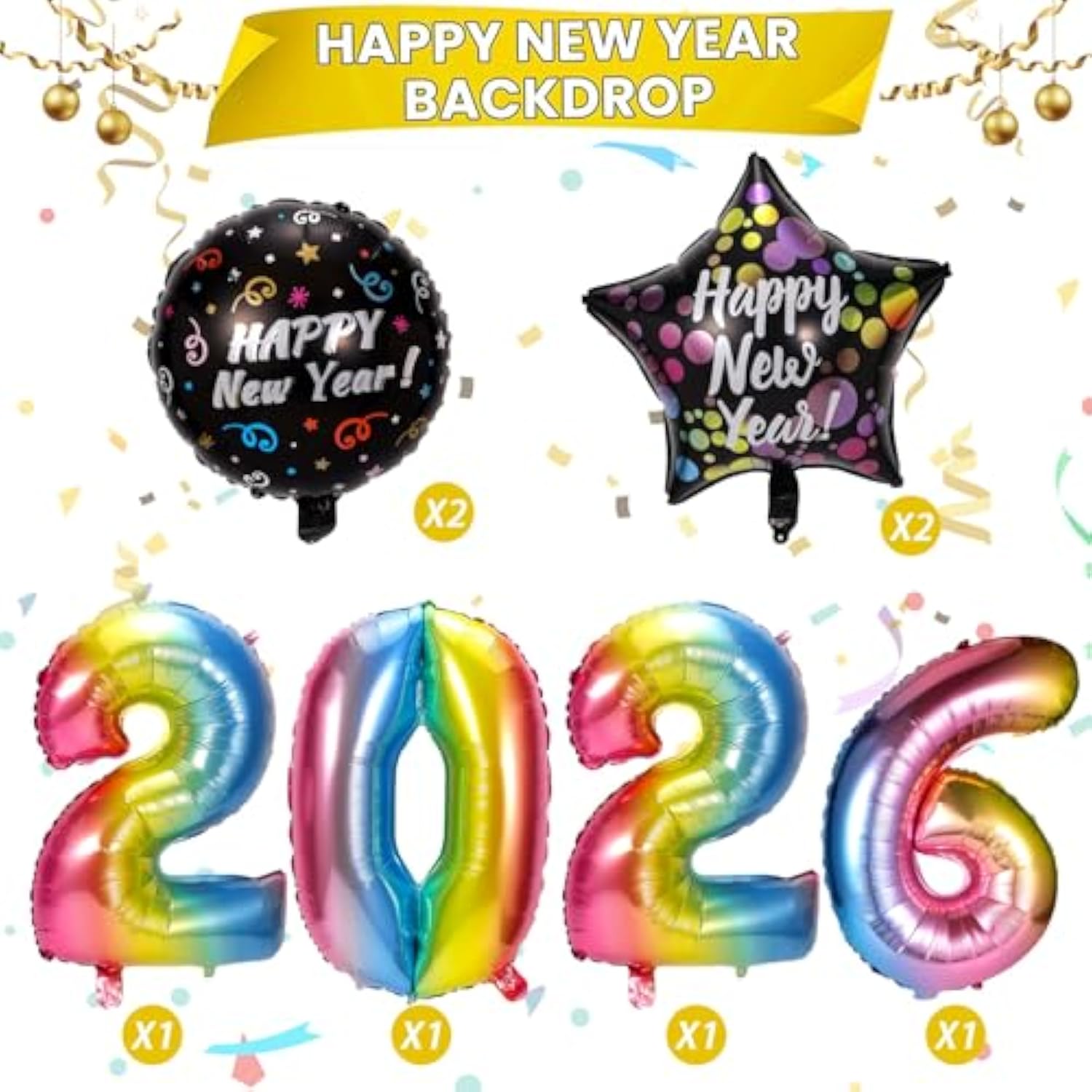 XL Happy New Year 2026 Banner Backdrop Party Supplies