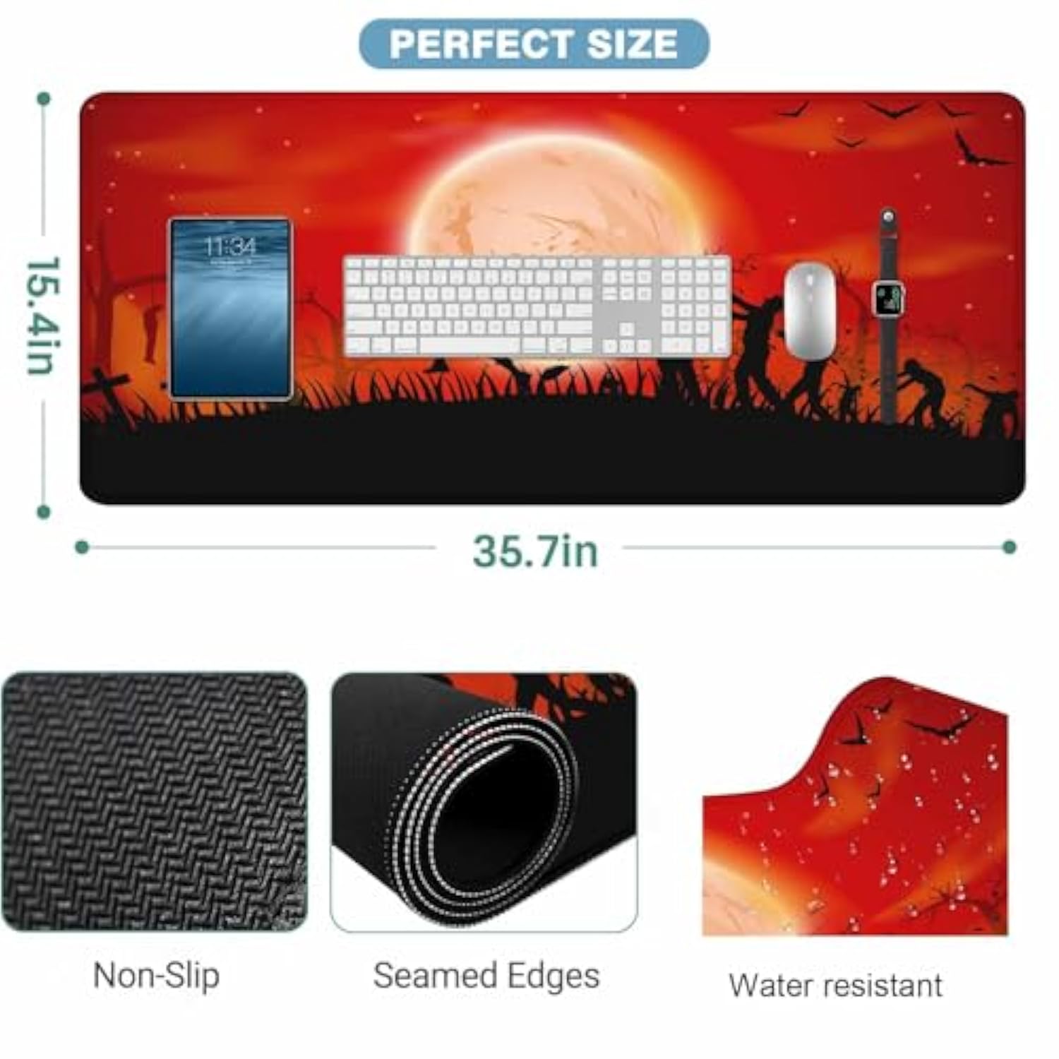 Zombie Apocalypse Mouse Pad Keyboard Mat Red Sky Full Moon Leafless Trees And Crosses Black Bats Large Gaming Mousepad For Desk,Computer,Office 35.4"X15.7"