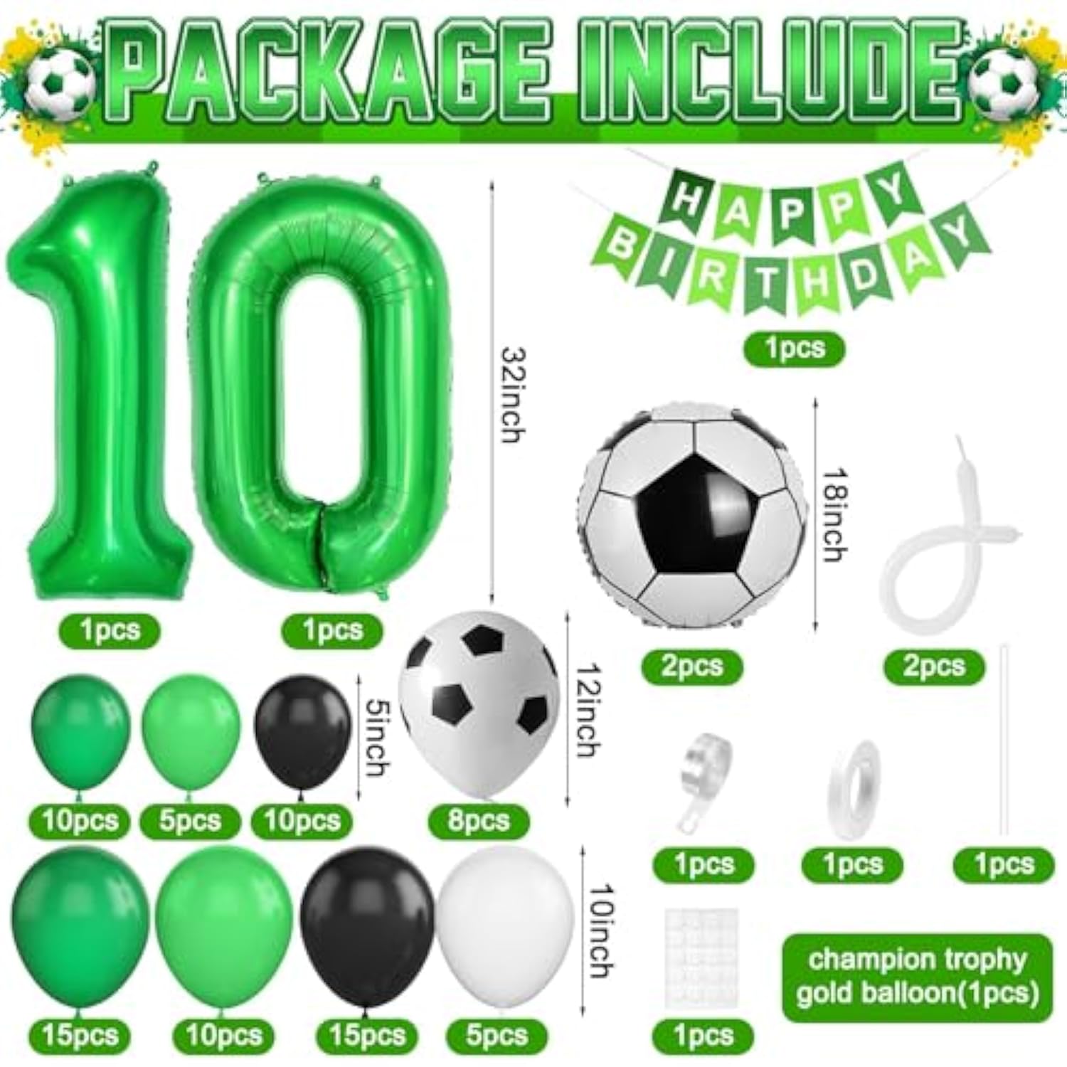 10Th Birthday Soccer Balloon Arch,10Th Soccer Garland Kit With Green Number 10 Balloon Football Balloons For Boys Kids 10 Birthday Party Decorations
