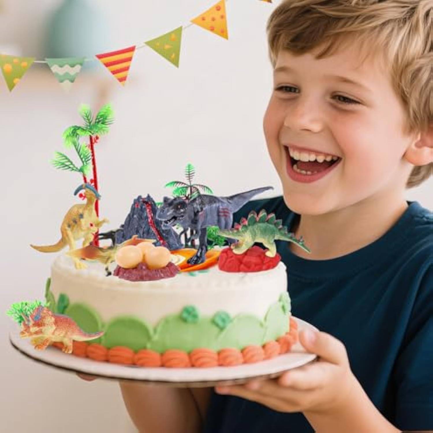 15Pcs Dinosaurs Cake Toppers, Trex Dino Eggs Volcano Tree Cake Decorations For Kids Birthday Baby Shower Jurassic Wild Animal Dinosaur Theme Party Supplies