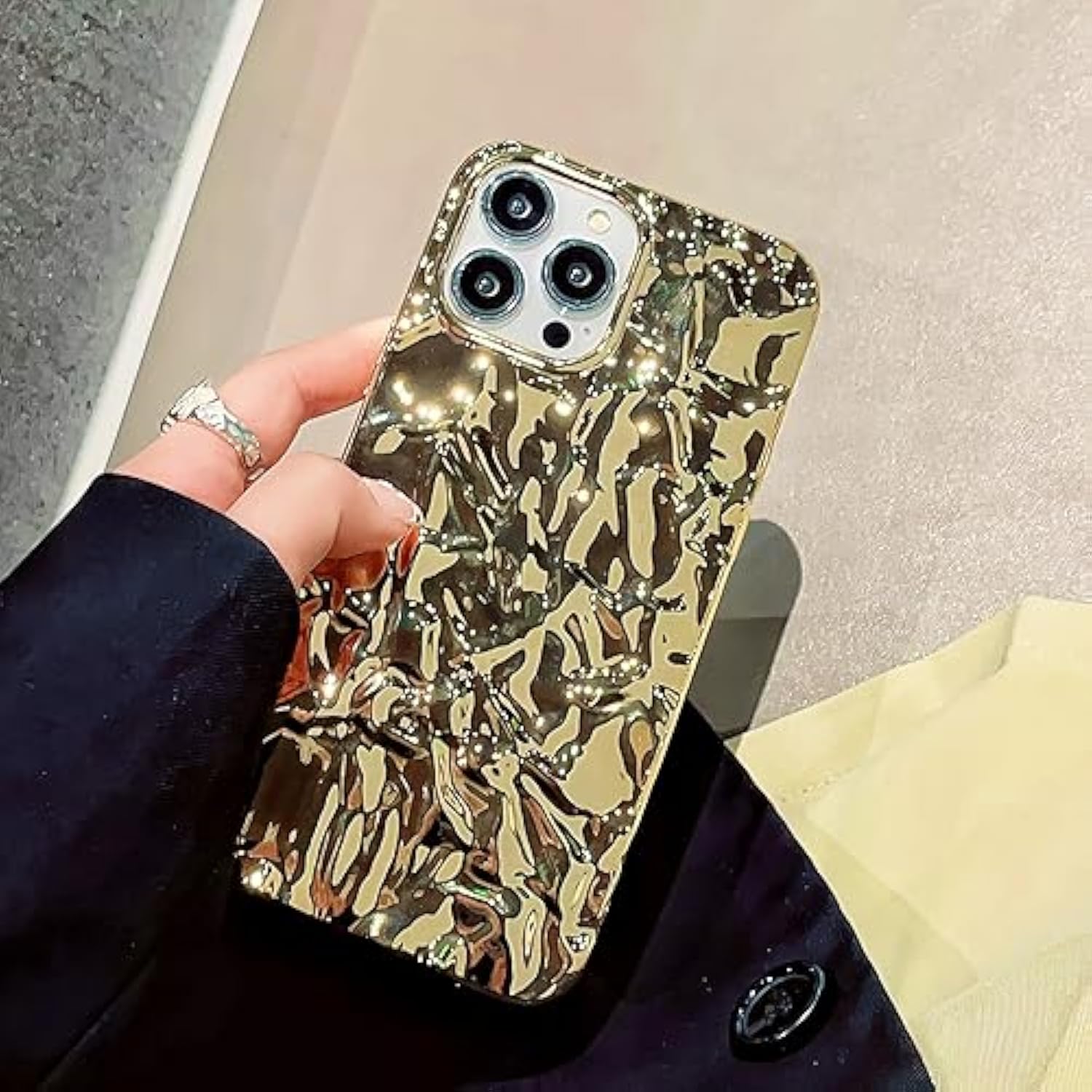 Compatible For Iphone 15 Pro Max Case Cute Glitter Fashion Women Girly Luxury Tin Foil Pleated Design Phone Cases 3D Gold Silicone Sparkly Slim Soft Glossy Cover 6.7 Inch