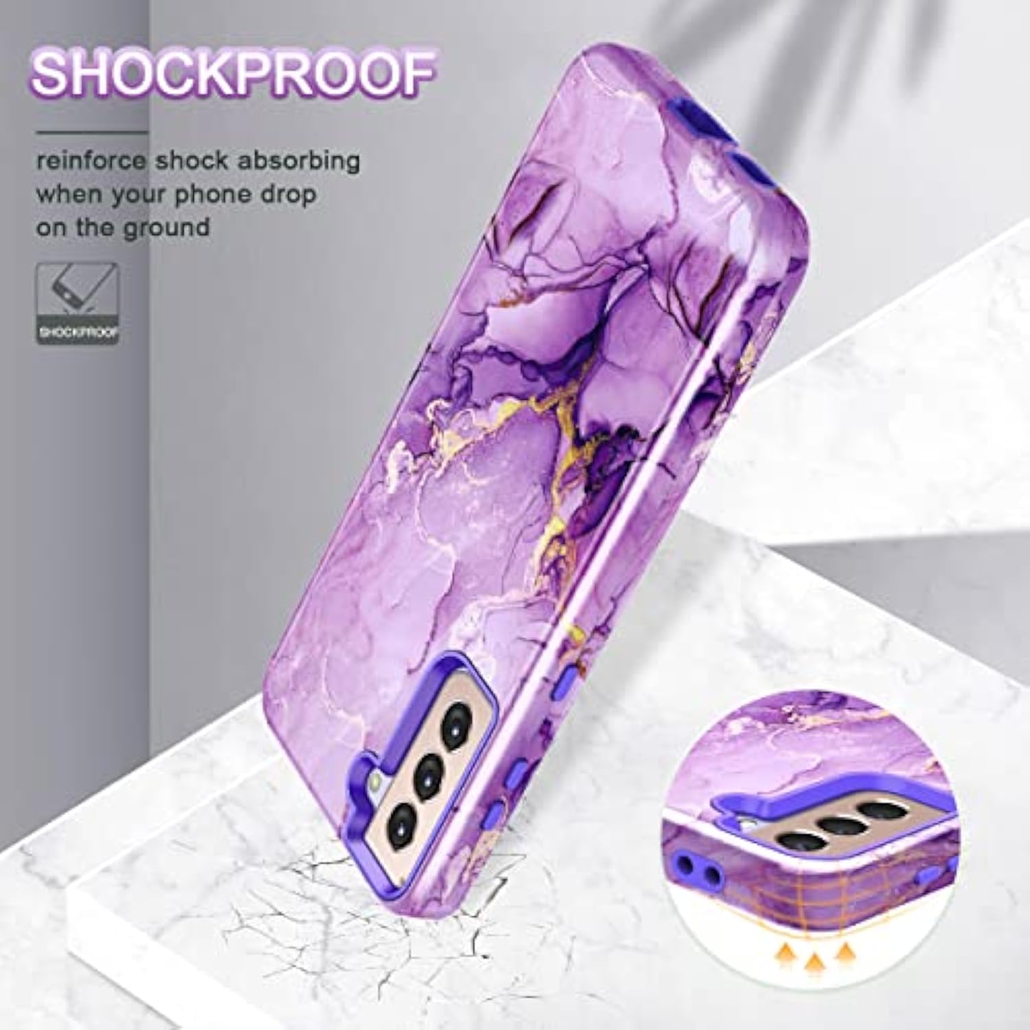 For Galaxy S21 Plus 5G Case, Heavy Duty Shockproof Hybrid Hard Pc Soft Tpu Bumper Three Layer Drop Protection Anti-Fall Cover For Samsung Galaxy S21+/S21 Plus 5G 6.7 Inch, Purple Marble