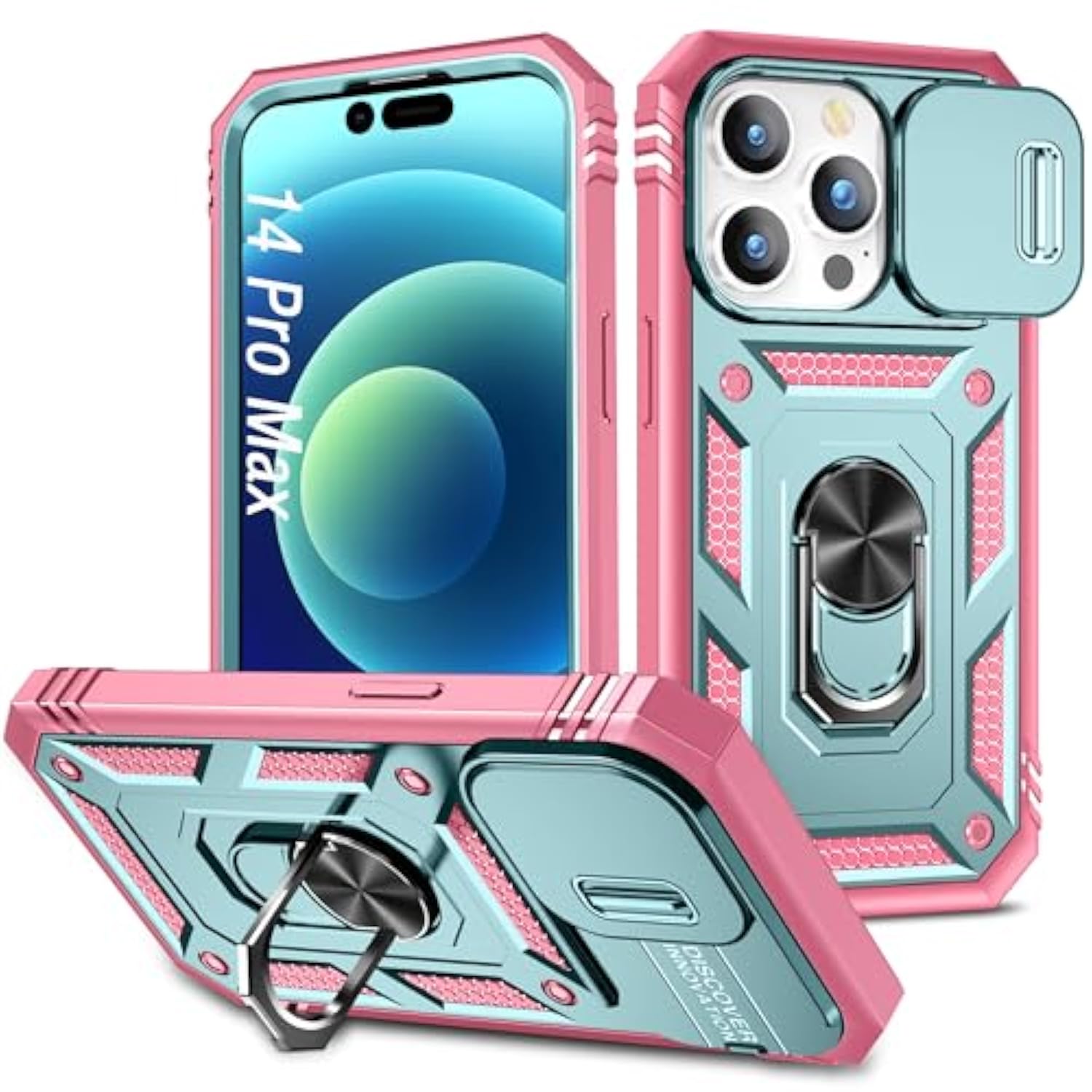 Case For Iphone 14 Pro Max, Shockproof Impact Resistant With Slide Lens Protective Cover Case For Iphone 14 Pro Max (6.7 Inch) (Pink Green)
