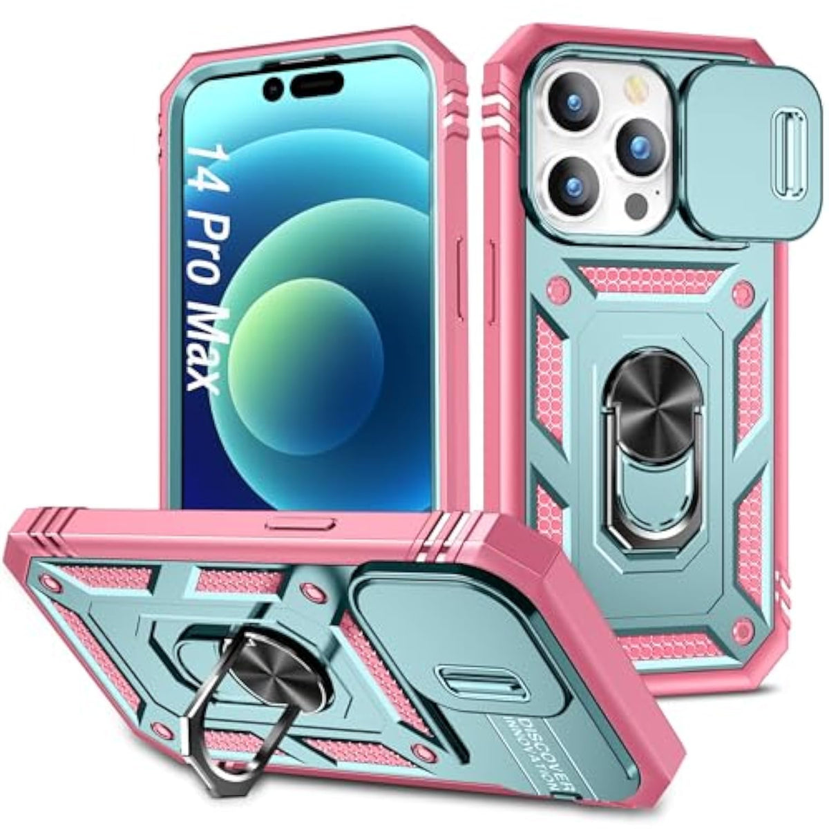 Case For Iphone 14 Pro Max, Shockproof Impact Resistant With Slide Lens Protective Cover Case For Iphone 14 Pro Max (6.7 Inch) (Pink Green)