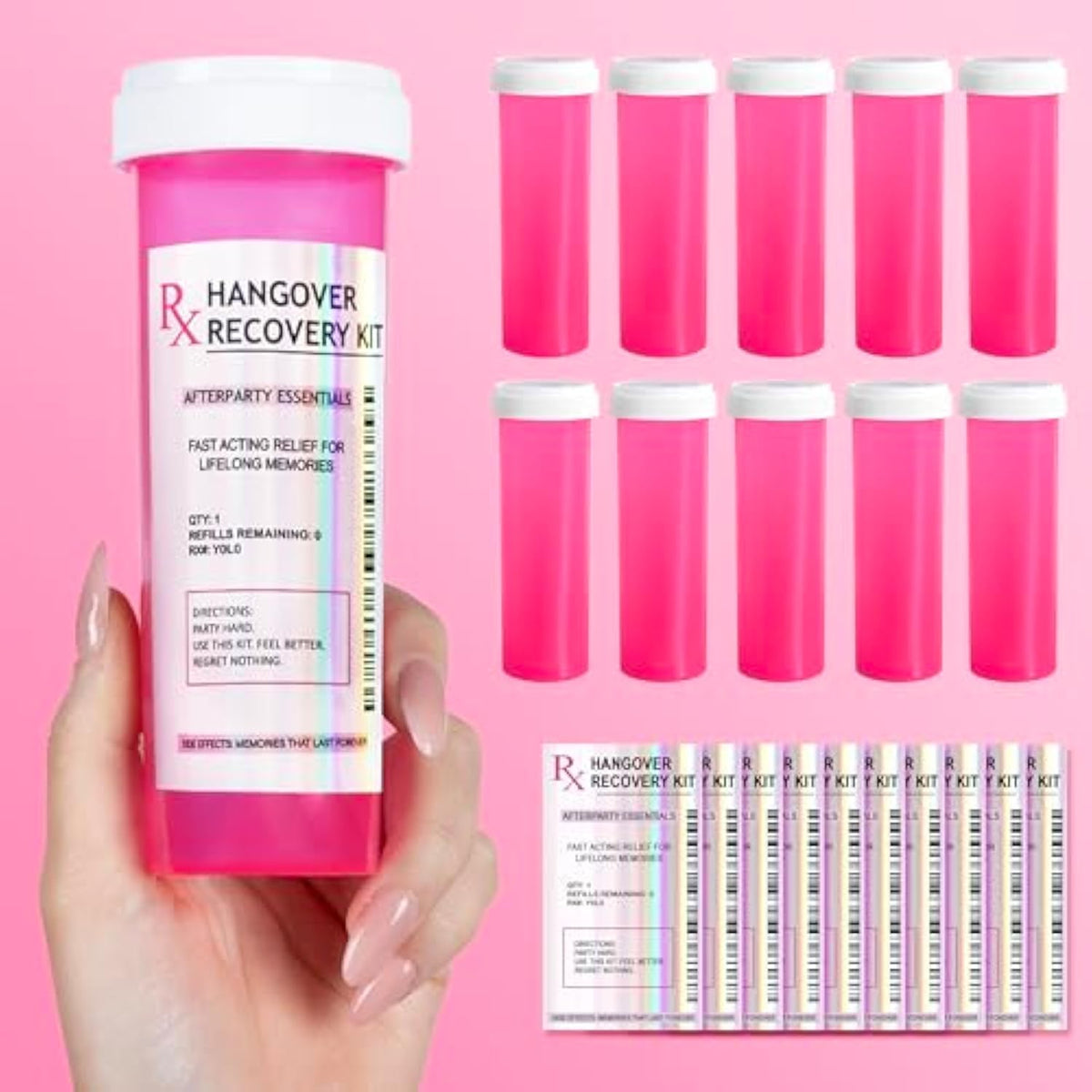 Set Of 10 Large Pink Pill Bottles For Diy Hangover Kits – Ideal For Bachelorette Party Favors, 21St Birthday Gifts, Bridesmaids Gifts & More – Empty Bottles For Hangover Kit Supplies