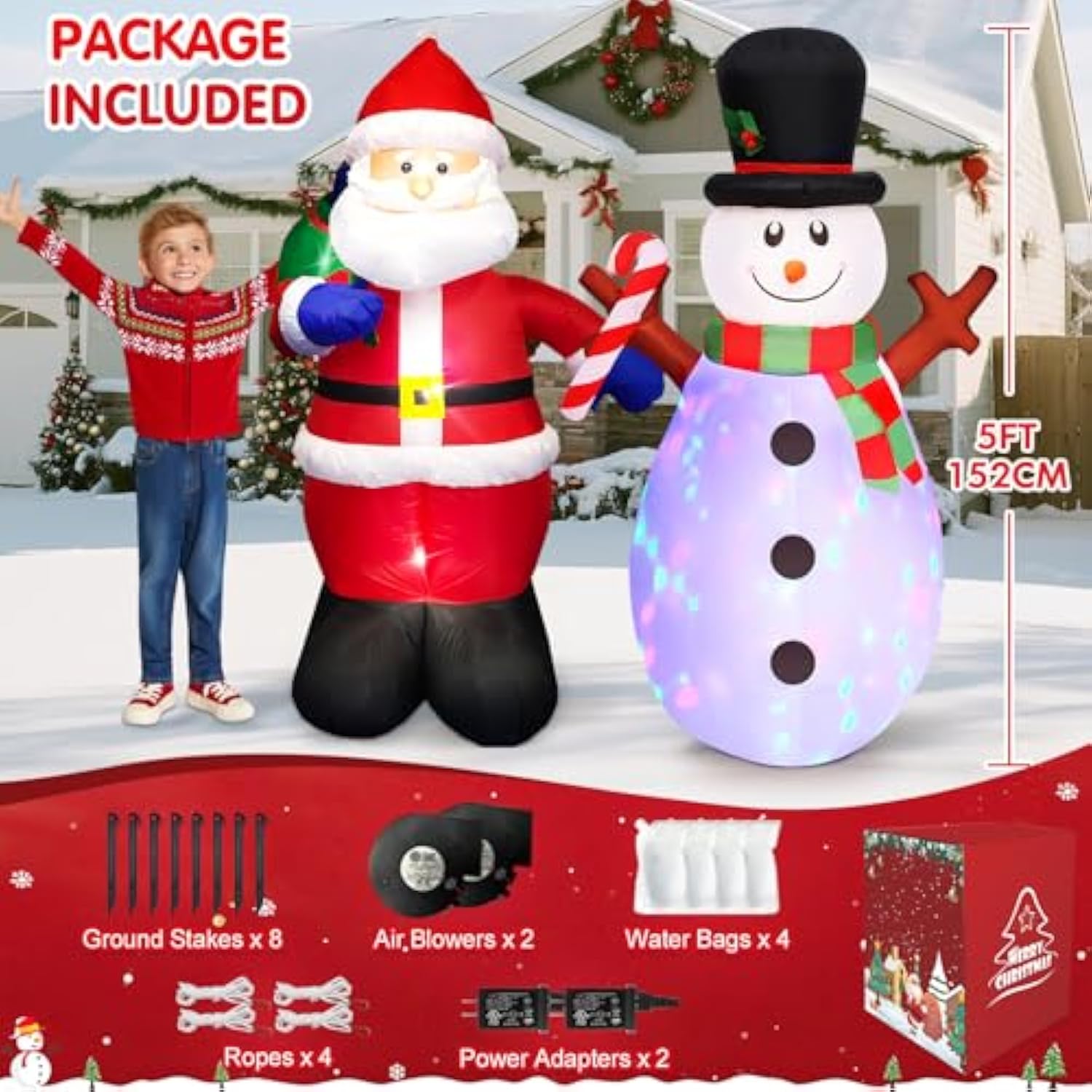 Christmas Inflatables Outdoor Decorations 5 Ft Set Of 2 Inflatable Santa And Snowman, Built In With Bright Led Light & R