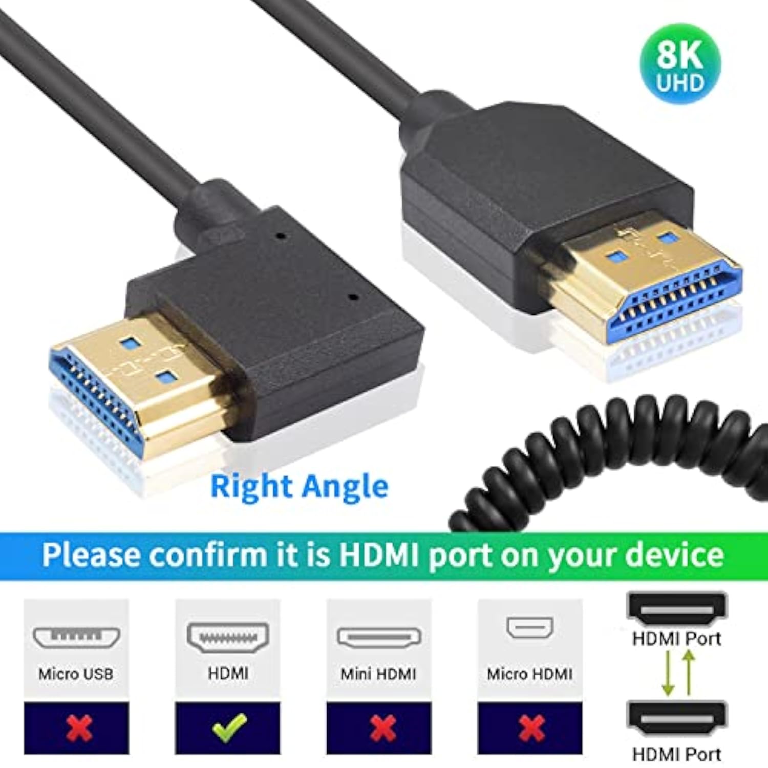 8K Coiled Hdmi Cable, 48Gbps Hdmi Coiled, Extreme Thin Right Angled Hdmi Male